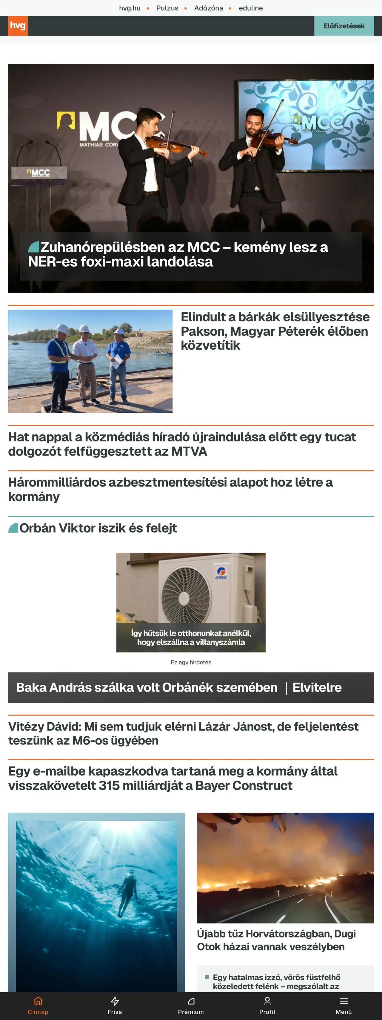 Screenshot of the HVG front page