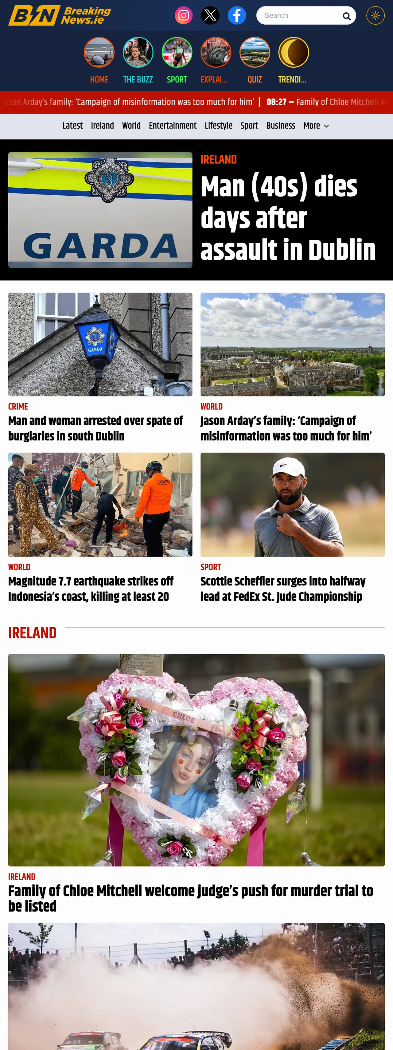 Screenshot of the BreakingNews.ie front page
