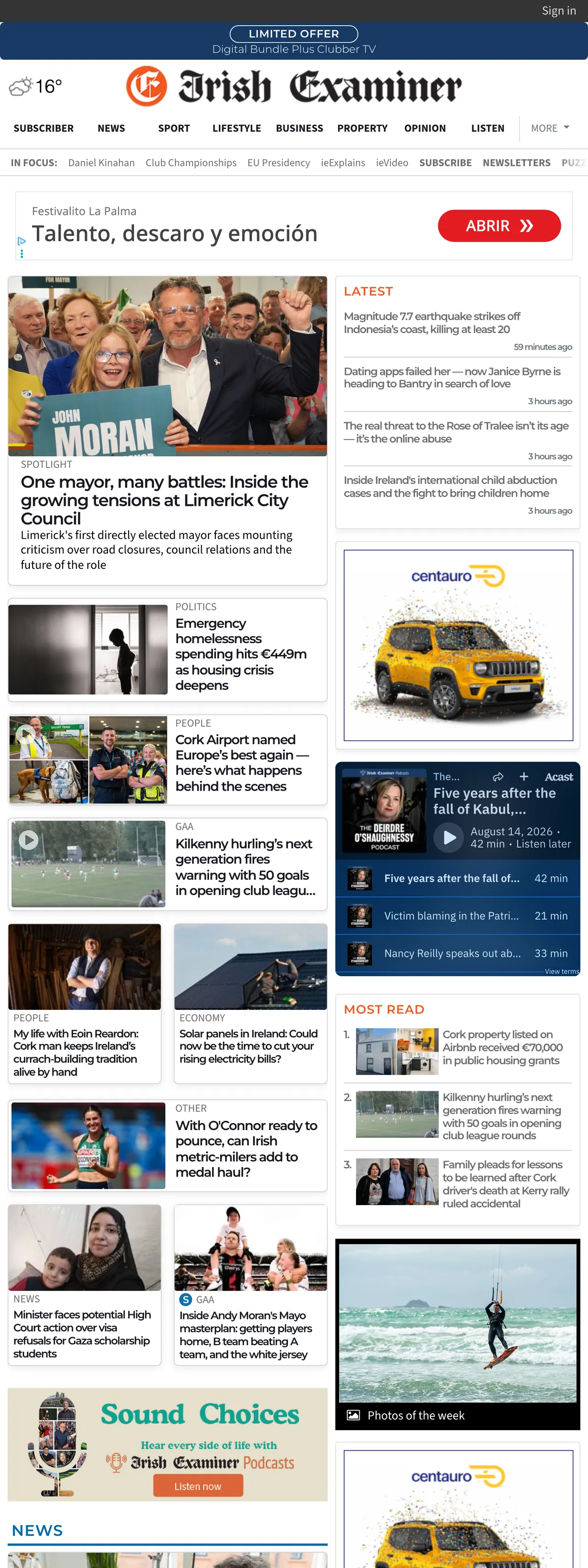 Screenshot of the Irish Examiner front page