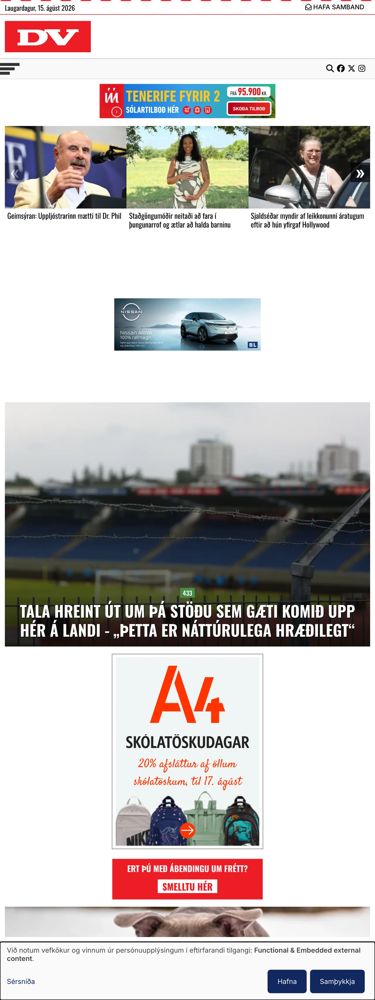 Screenshot of the DV front page