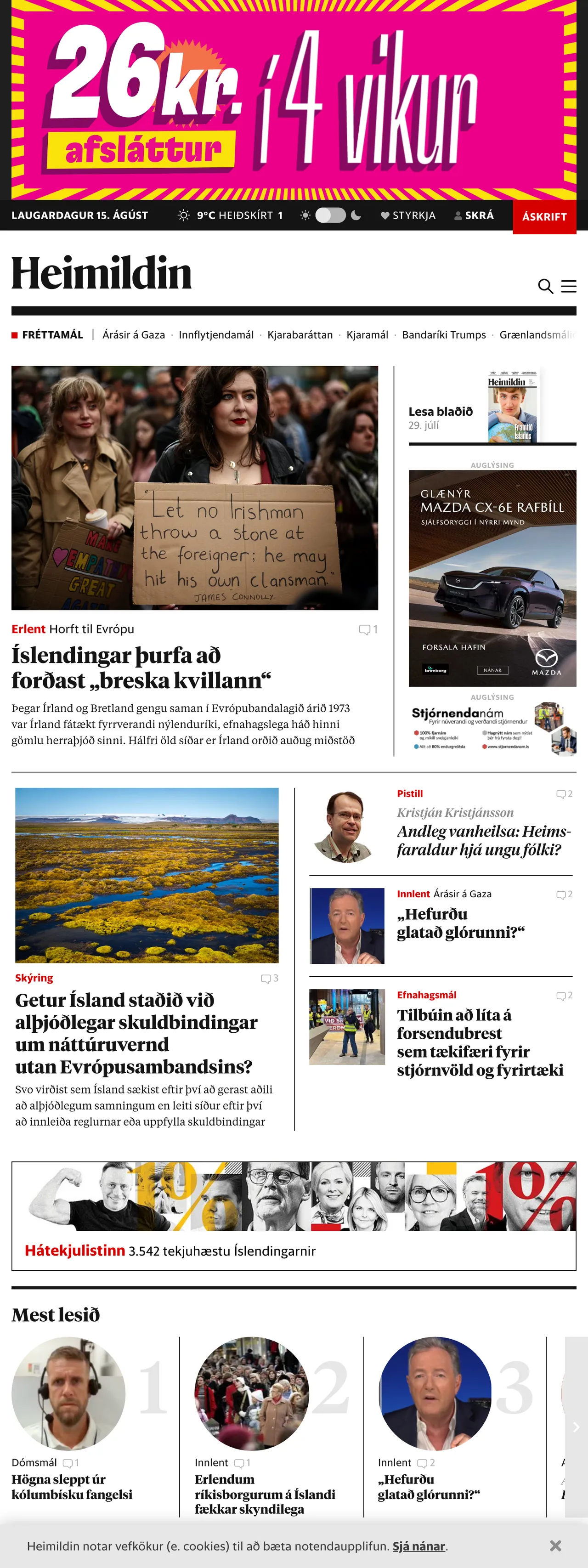 Screenshot of the Heimildin front page
