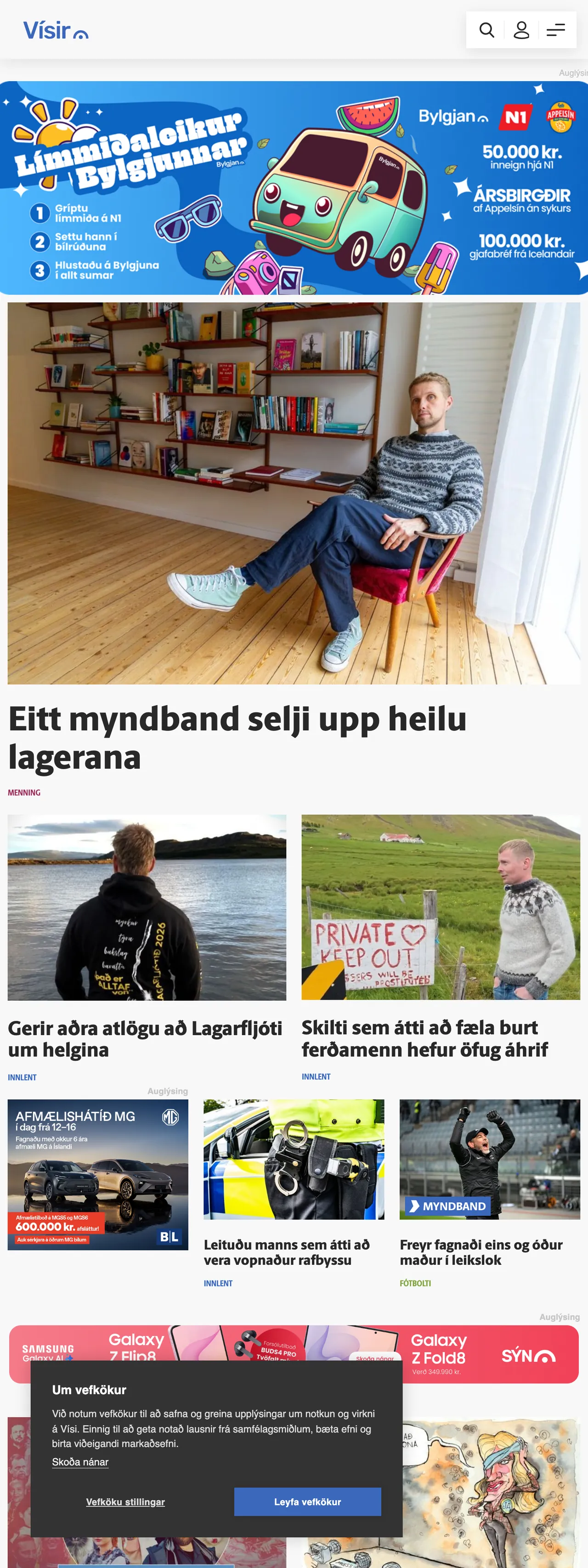 Screenshot of the Vísir front page