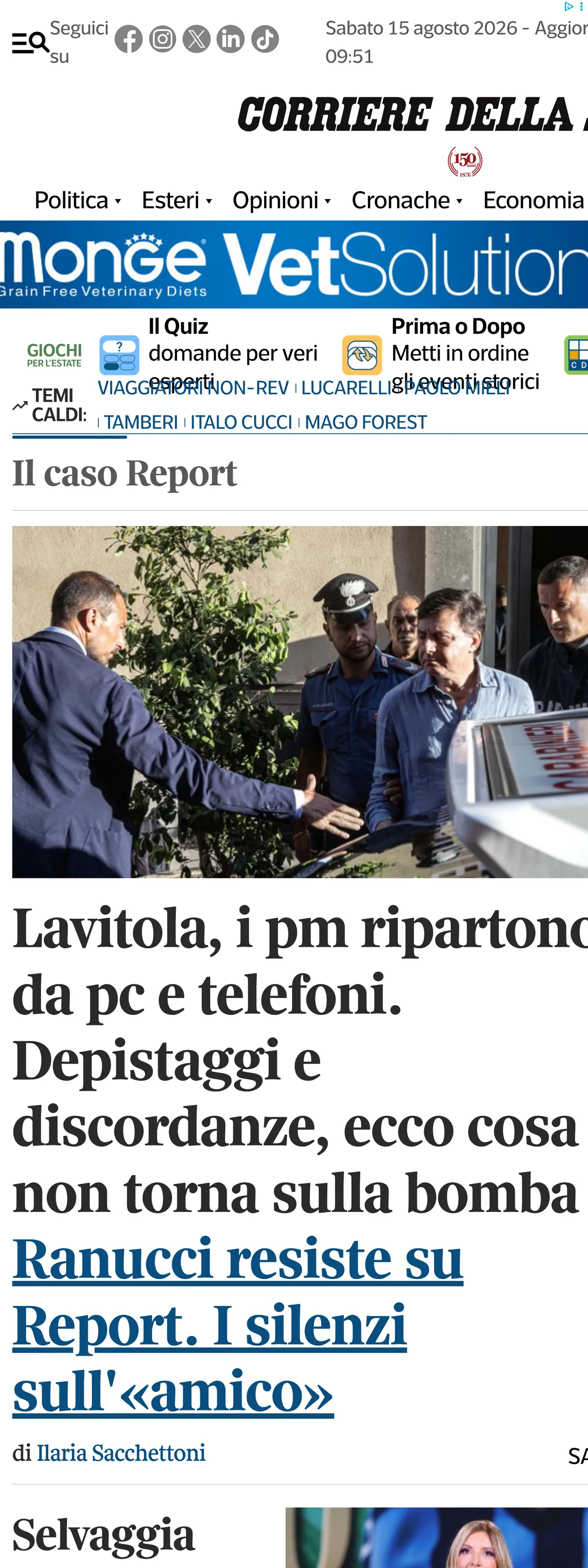 Screenshot of the Corriere della Sera front page
