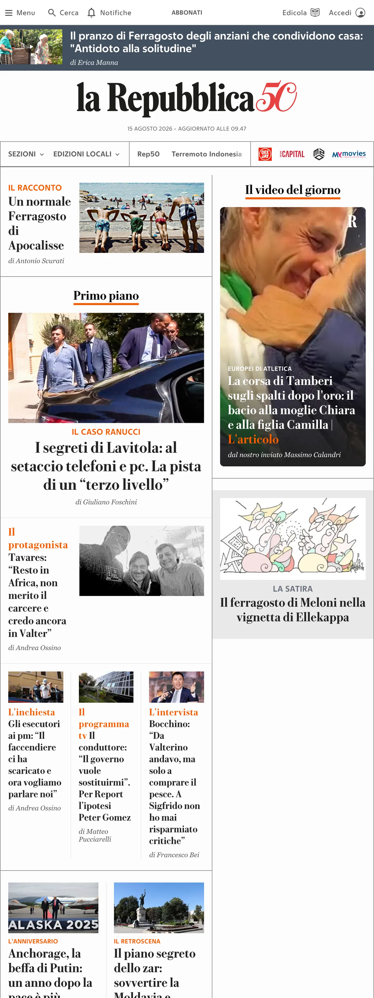 Screenshot of the la Repubblica front page