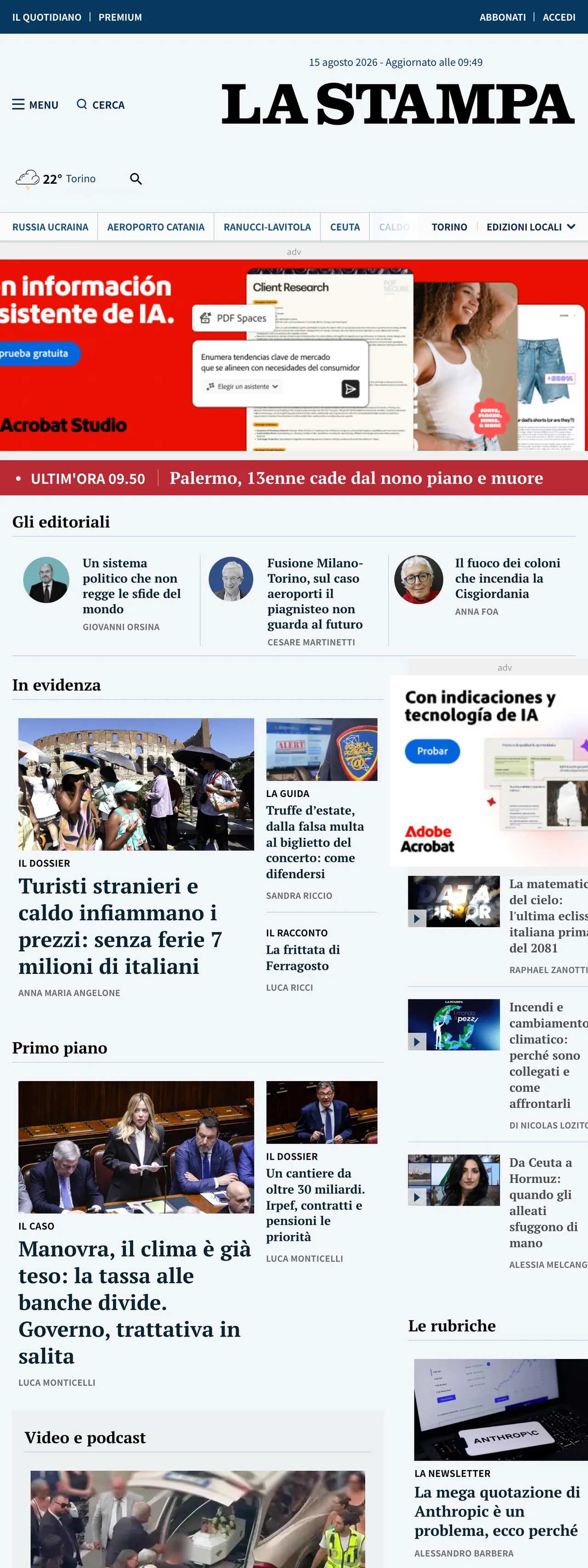 Screenshot of the La Stampa front page