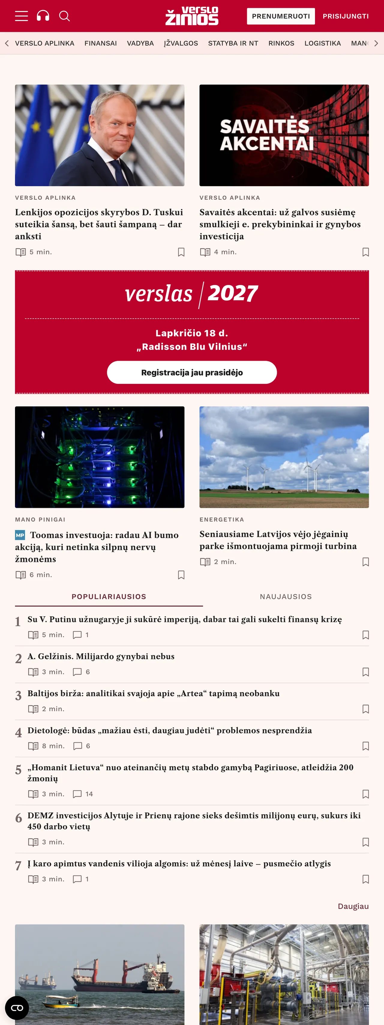 Screenshot of the Verslo žinios front page