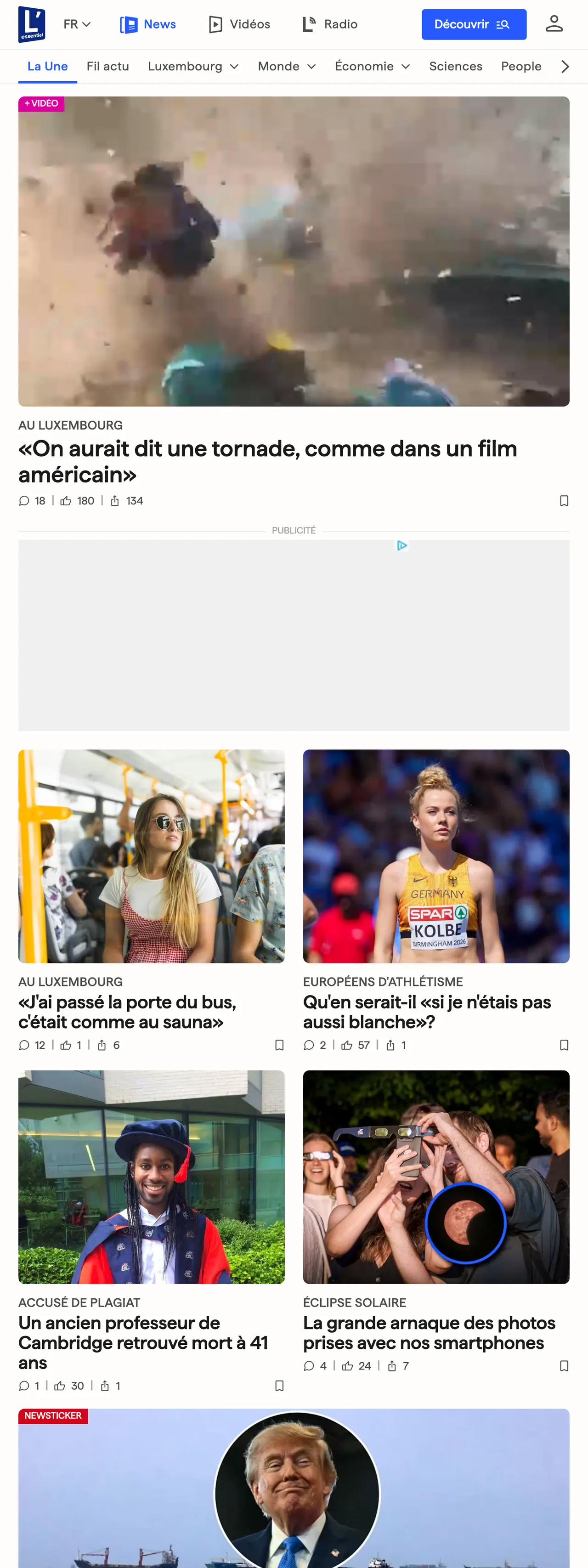 Screenshot of the L'essentiel front page