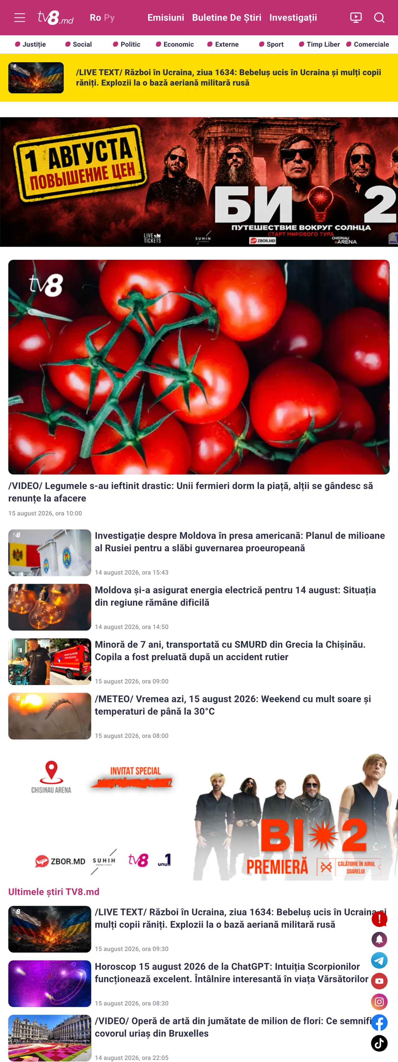 Screenshot of the TV8 front page
