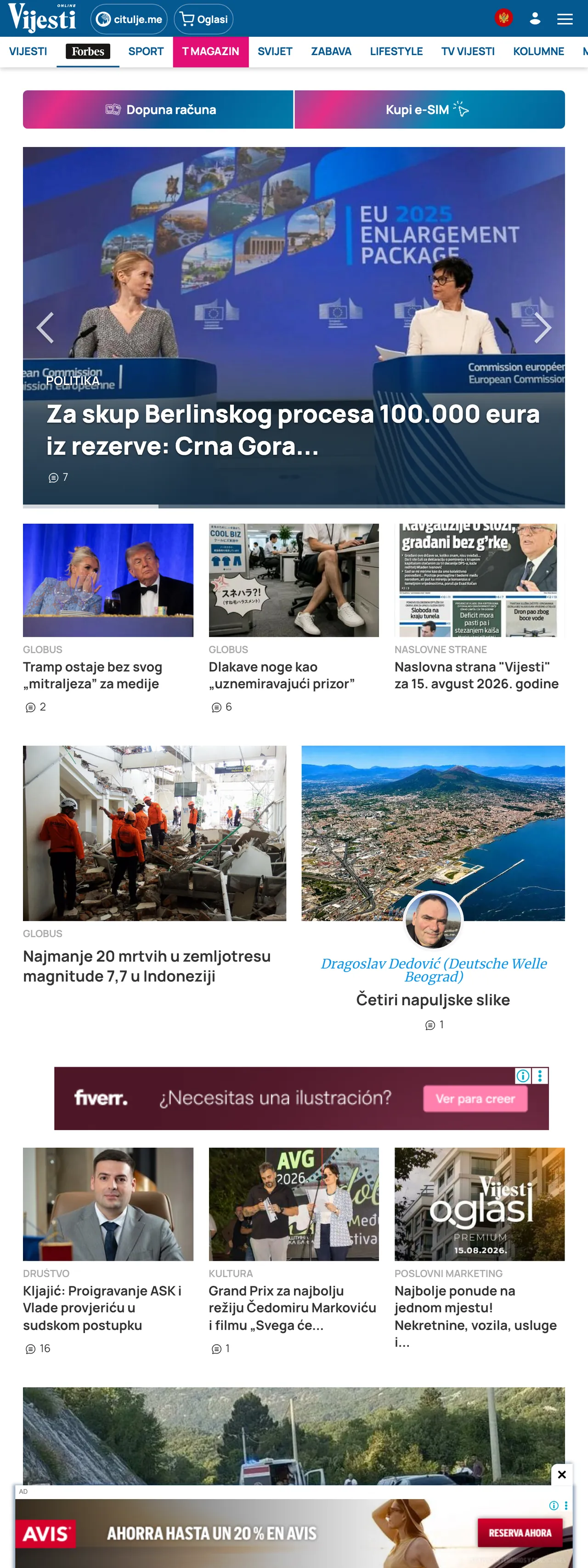 Screenshot of the Vijesti front page