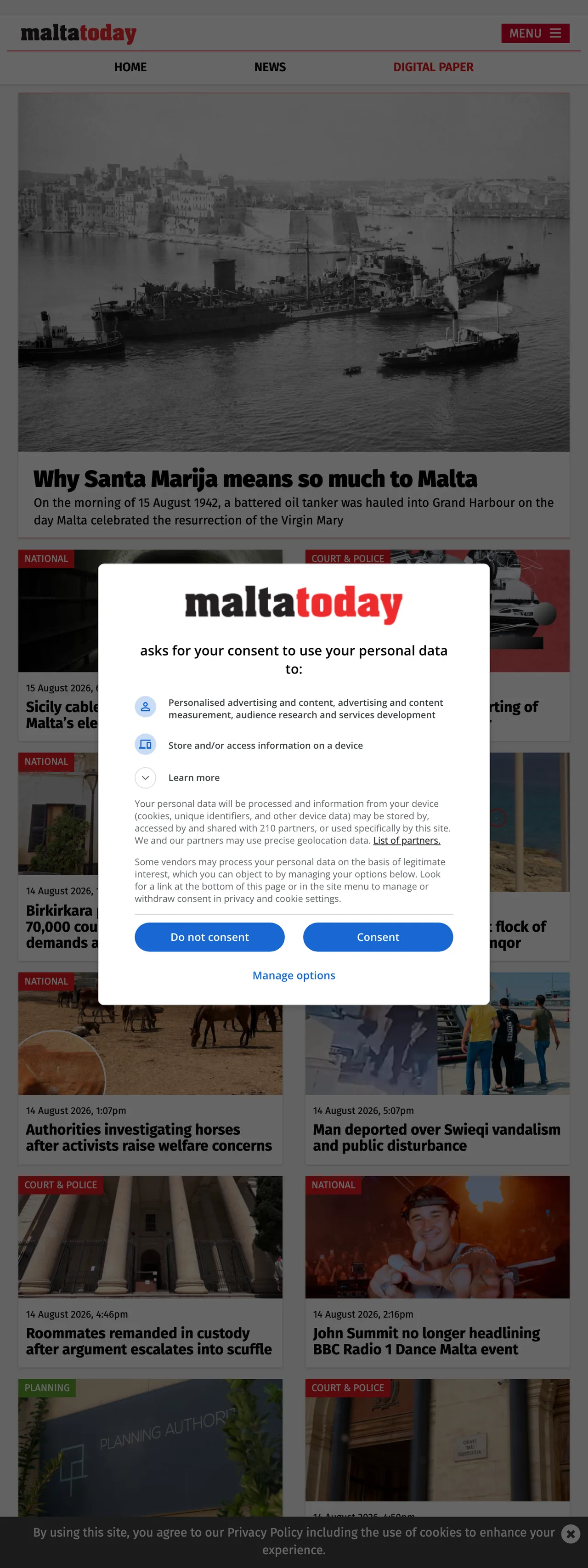 Screenshot of the Malta Today front page