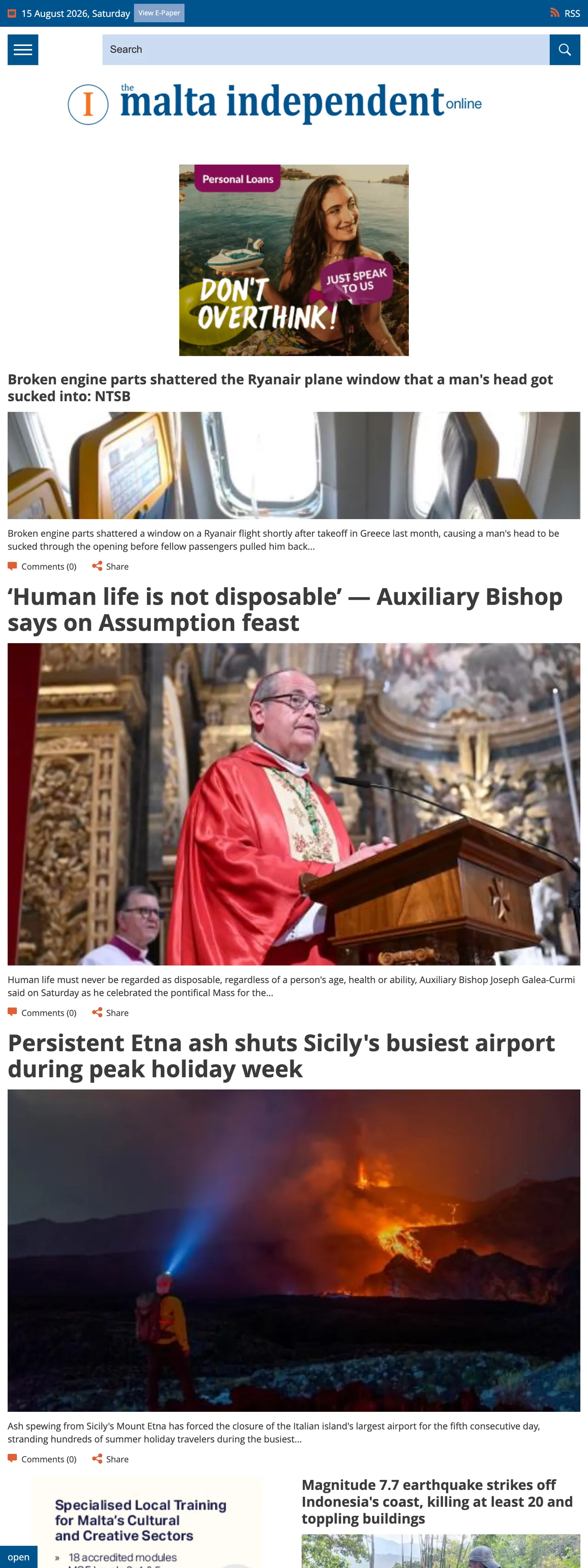 Screenshot of the The Malta Independent front page
