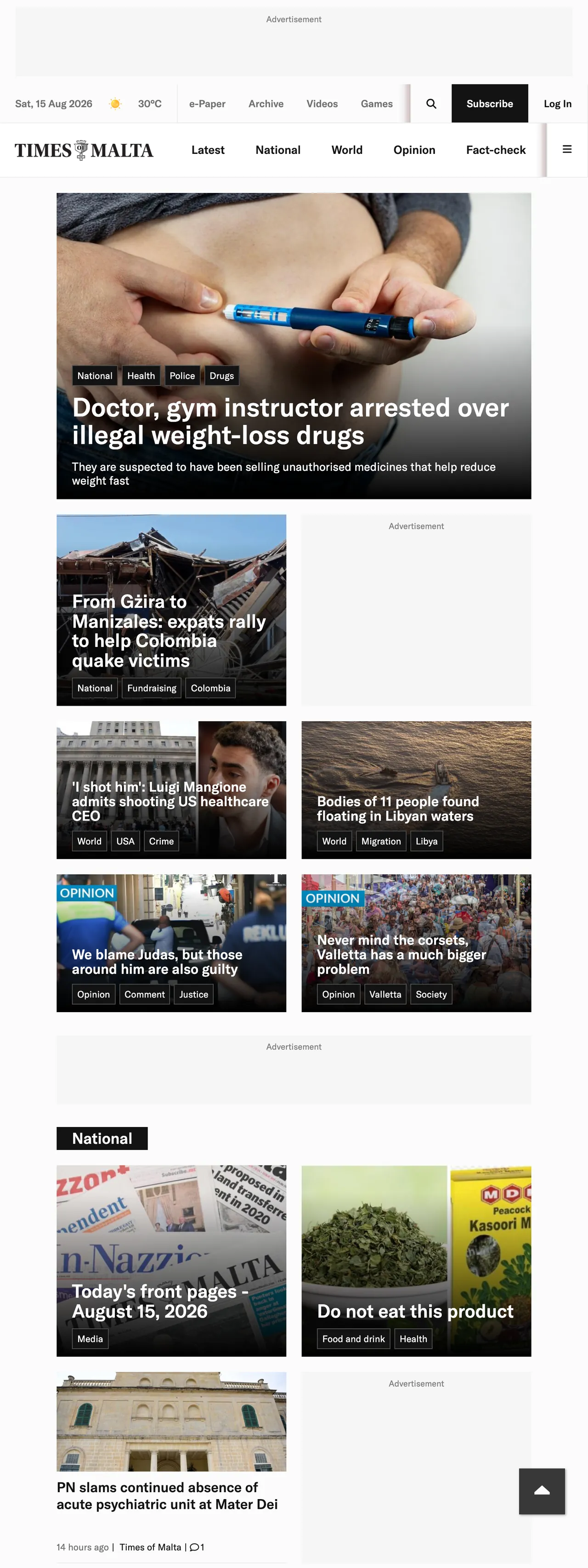 Screenshot of the Times of Malta front page