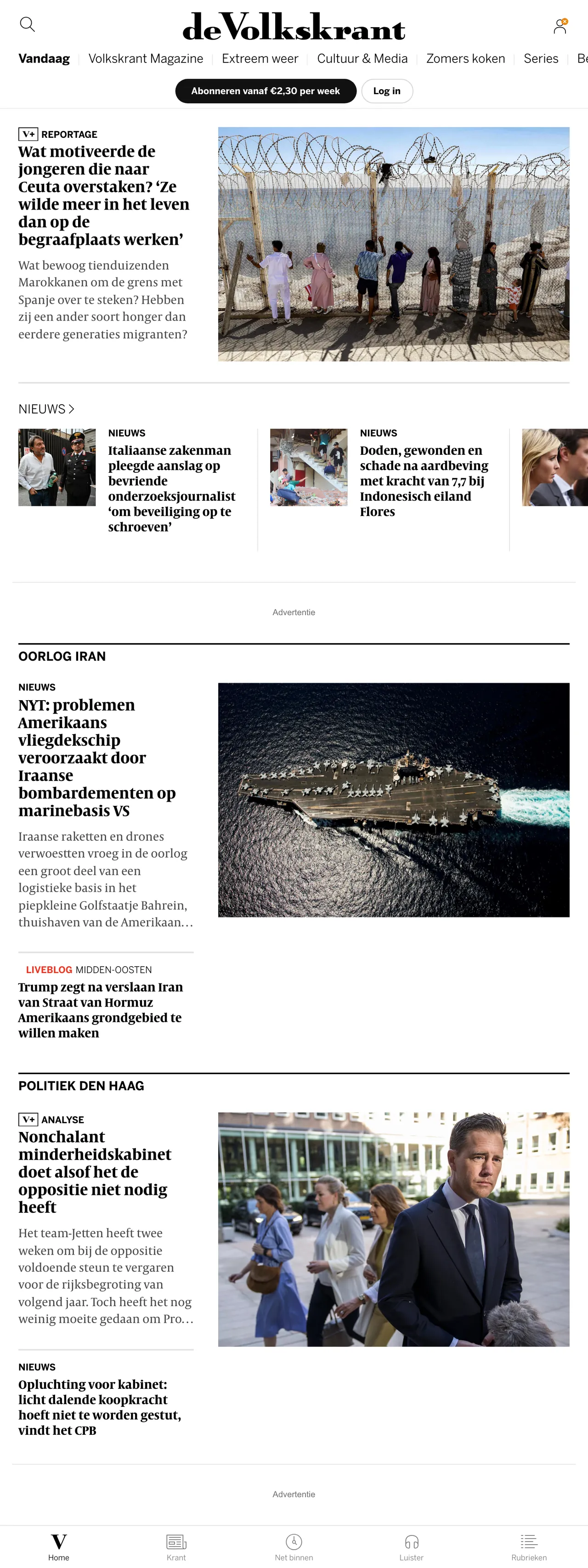 Screenshot of the de Volkskrant front page