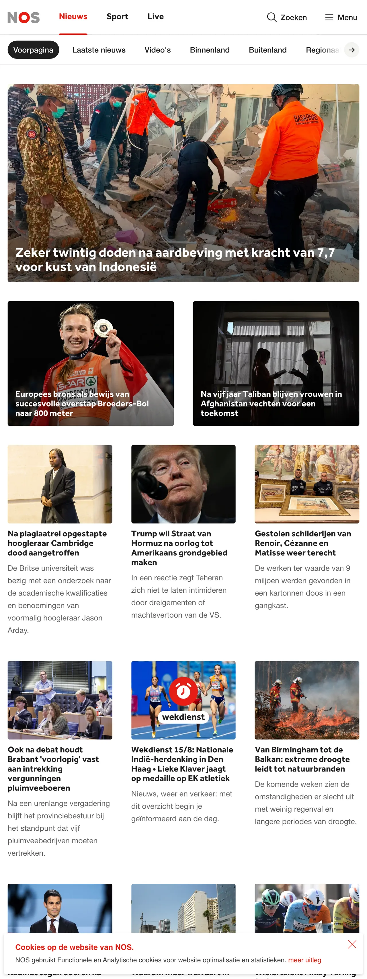 Screenshot of the NOS front page
