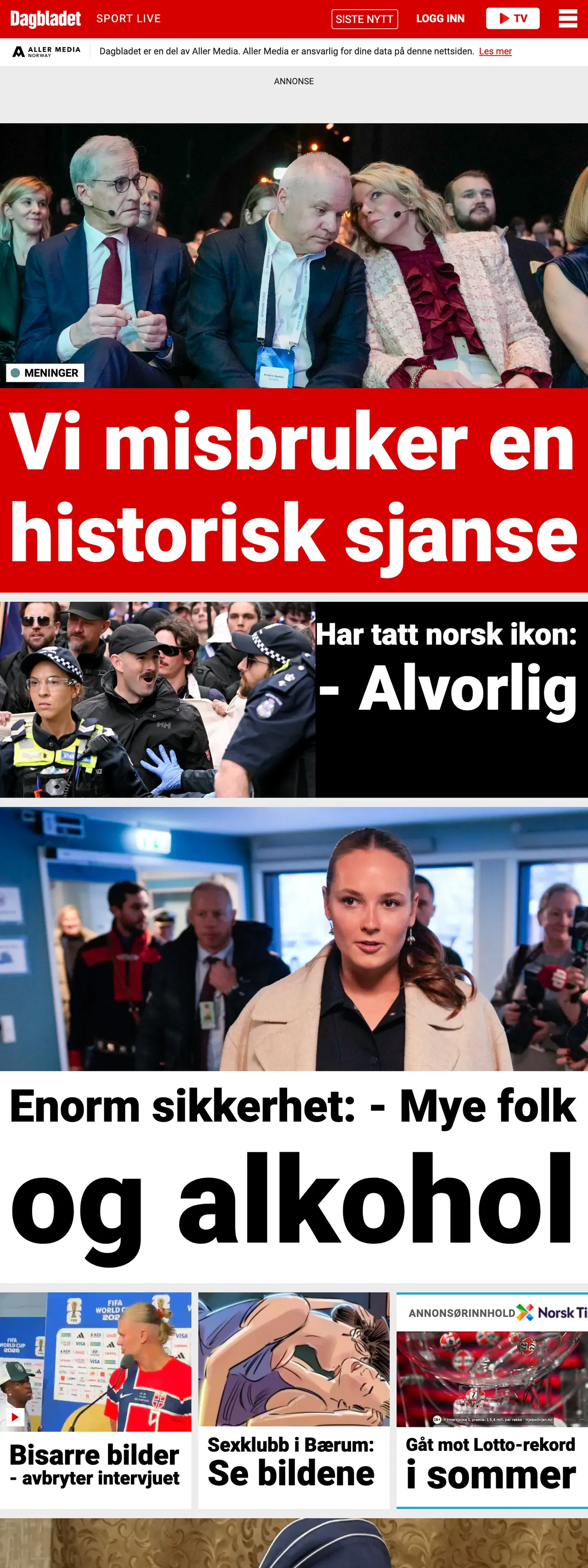 Screenshot of the Dagbladet front page