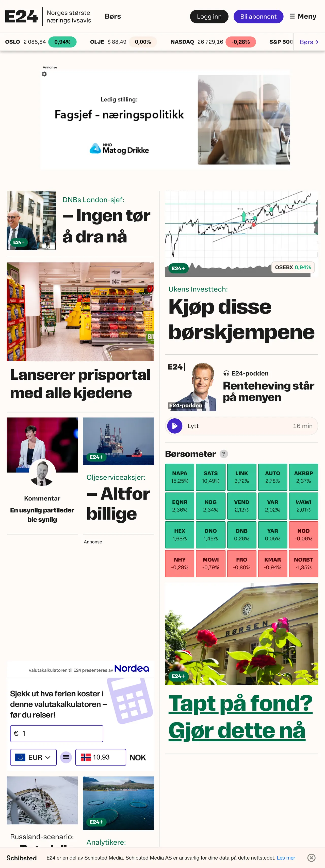 Screenshot of the E24 front page