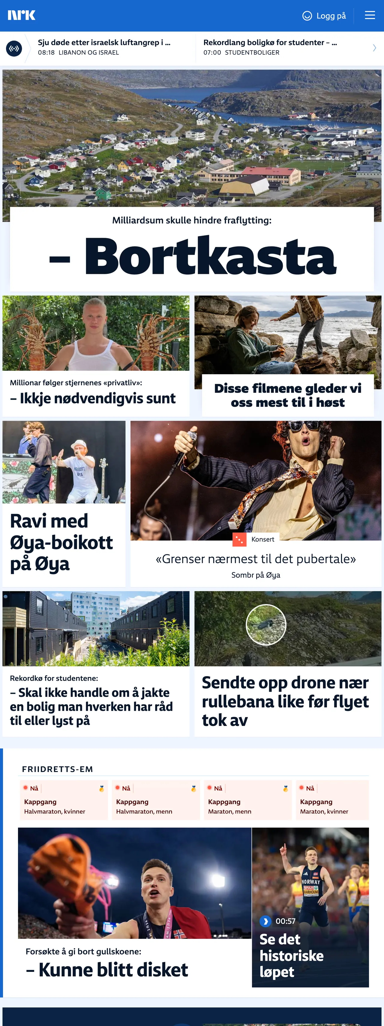 Screenshot of the NRK front page