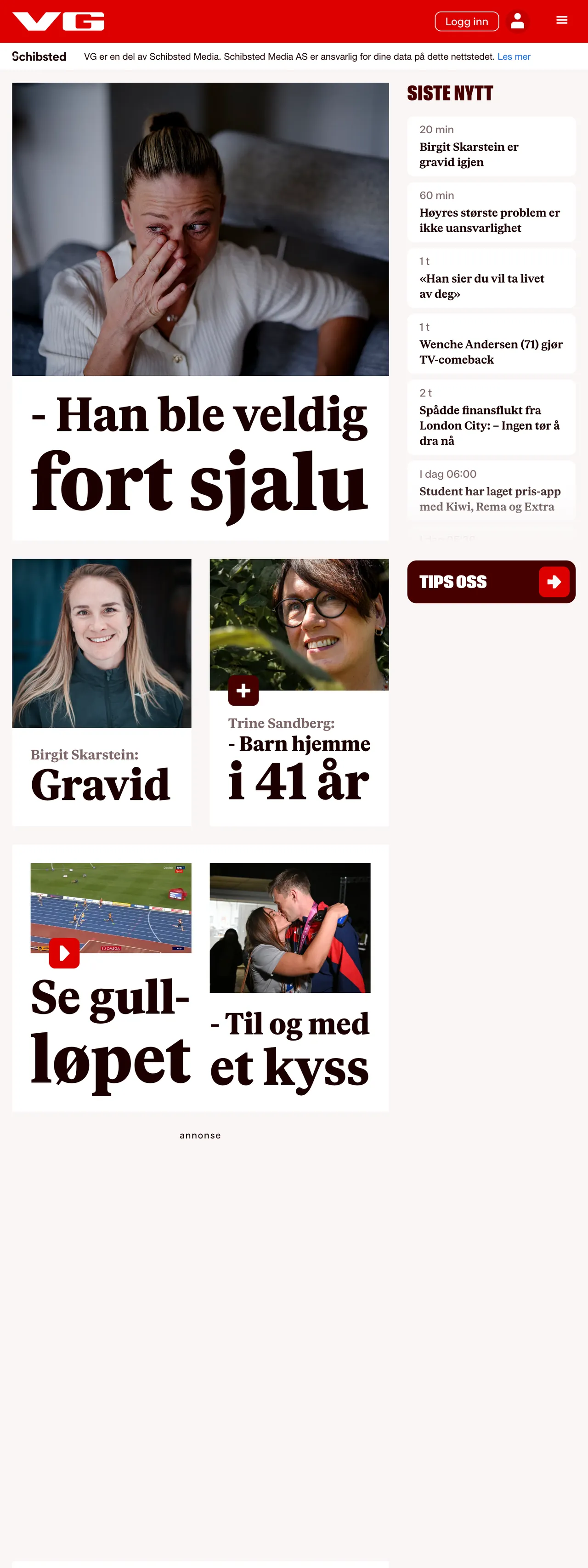 Screenshot of the VG front page