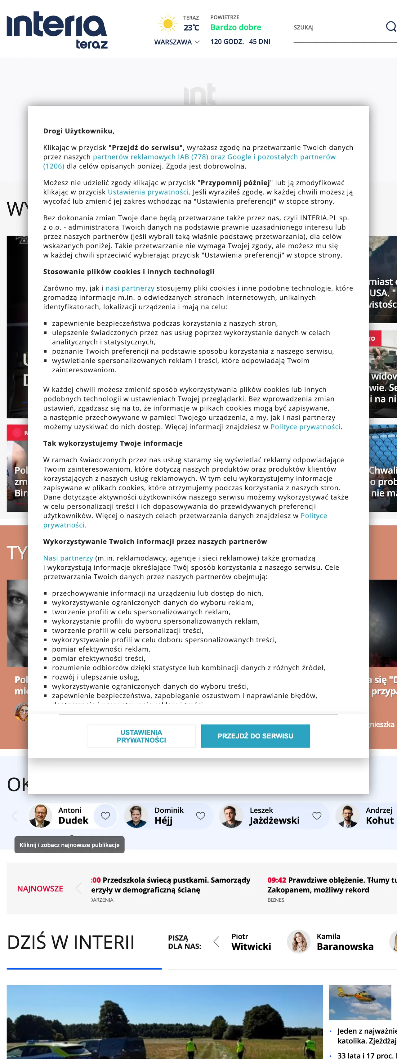 Screenshot of the Interia front page