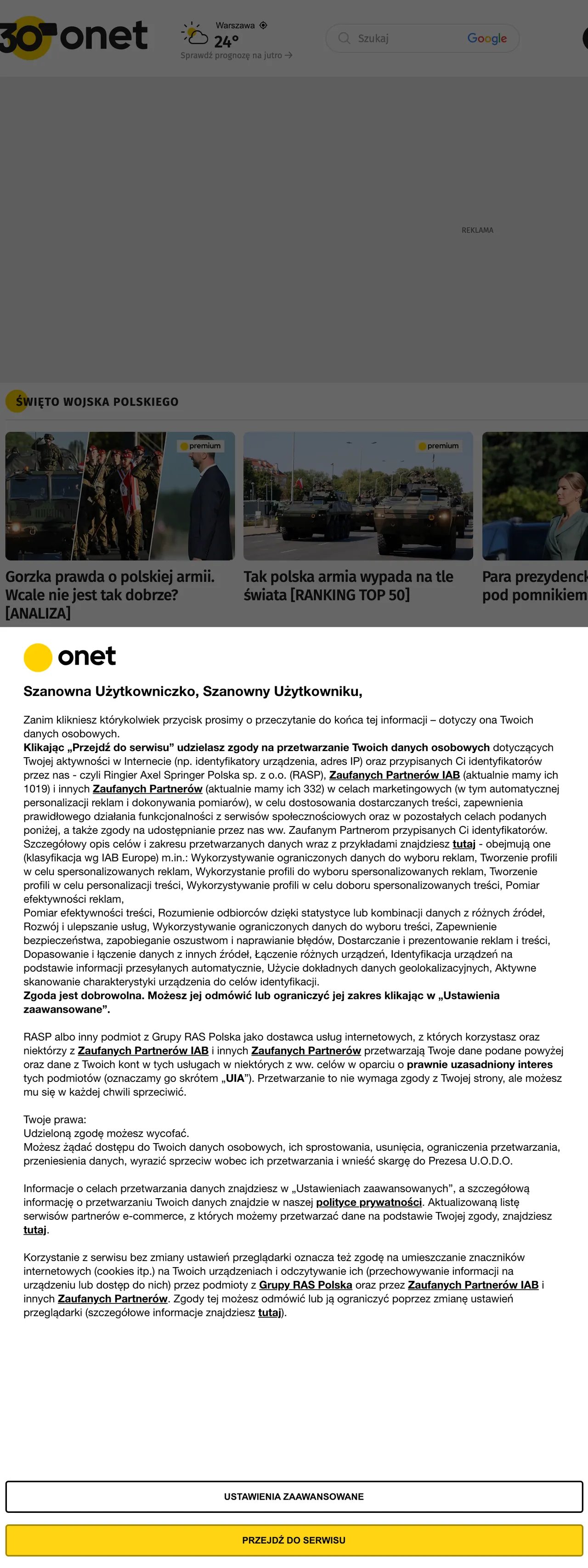 Screenshot of the Onet front page