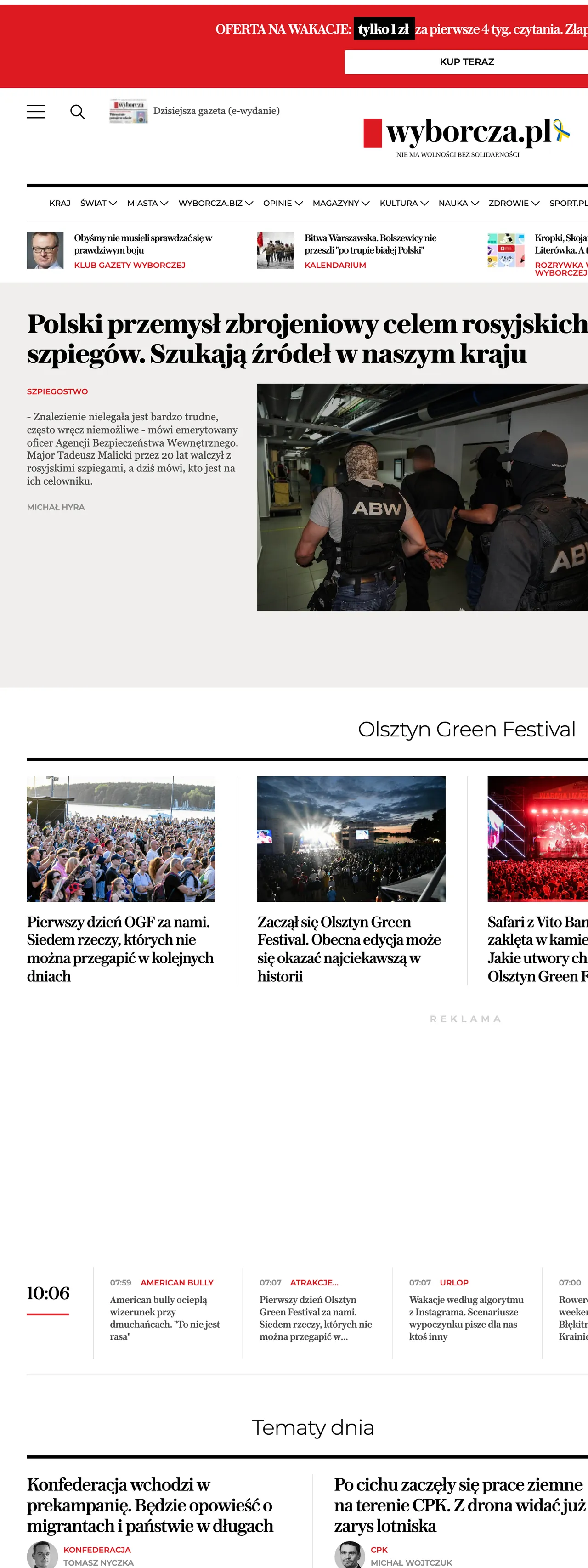 Screenshot of the Wyborcza front page