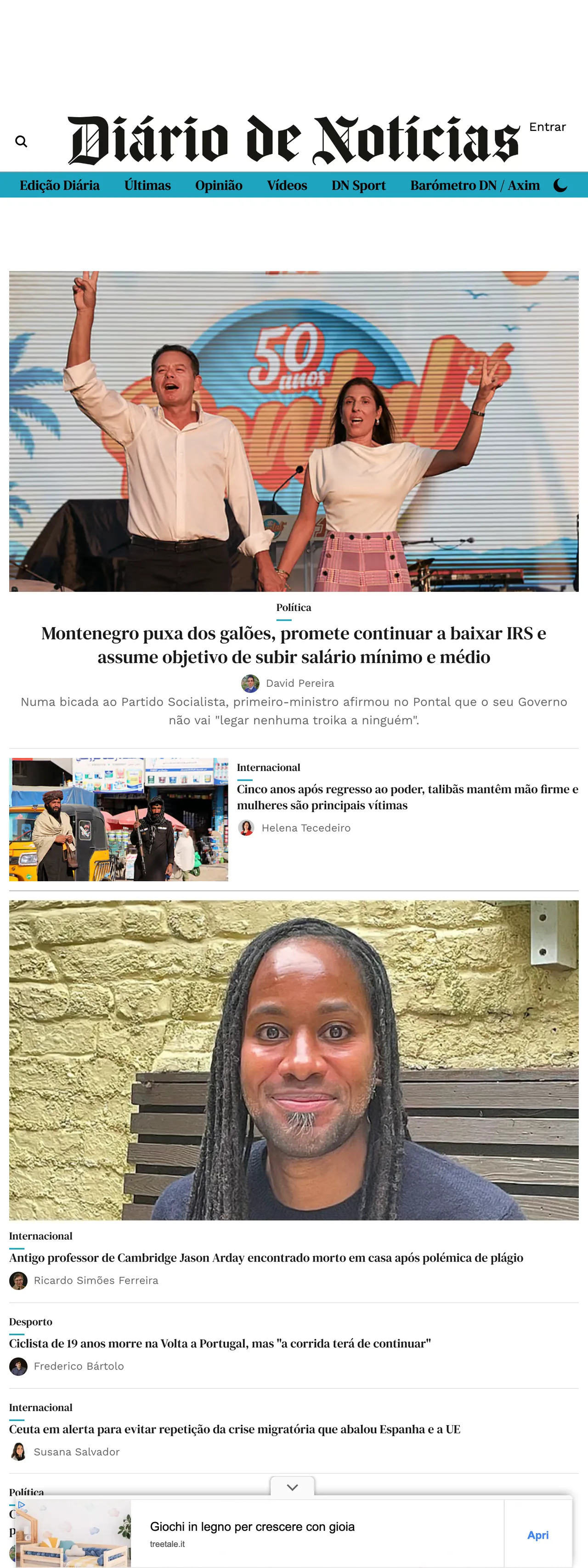 Screenshot of the Diário de Notícias front page