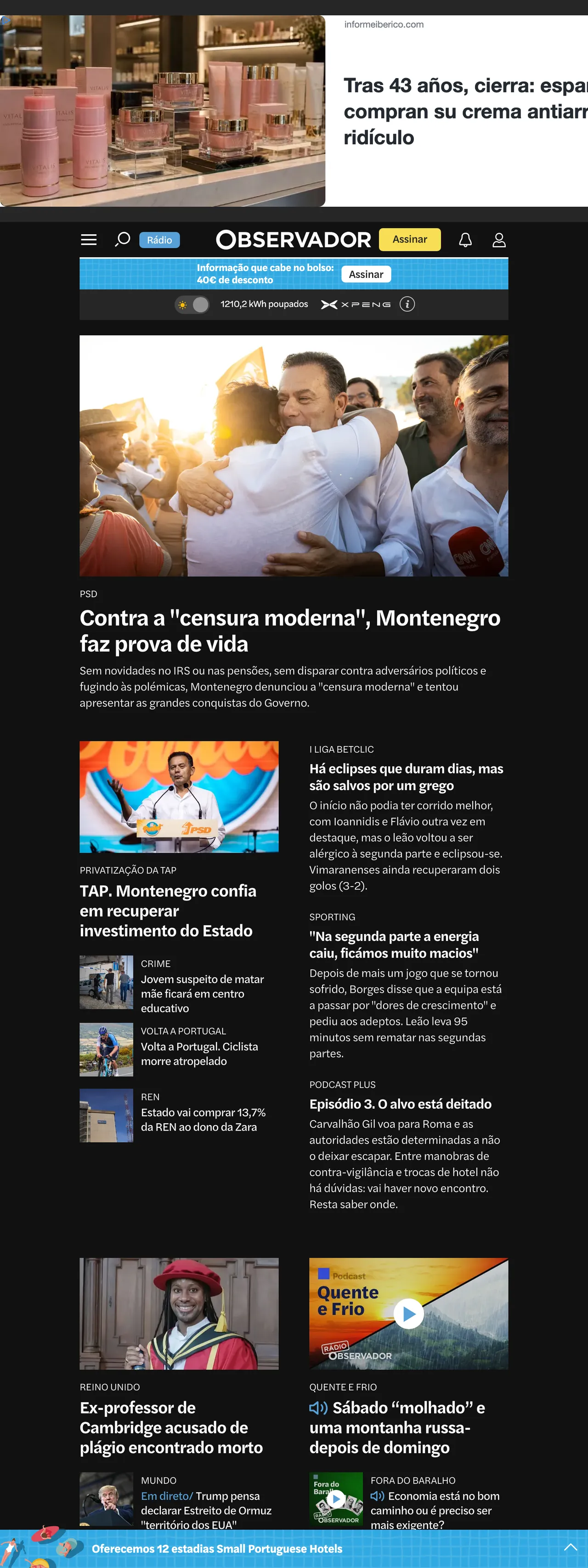 Screenshot of the Observador front page