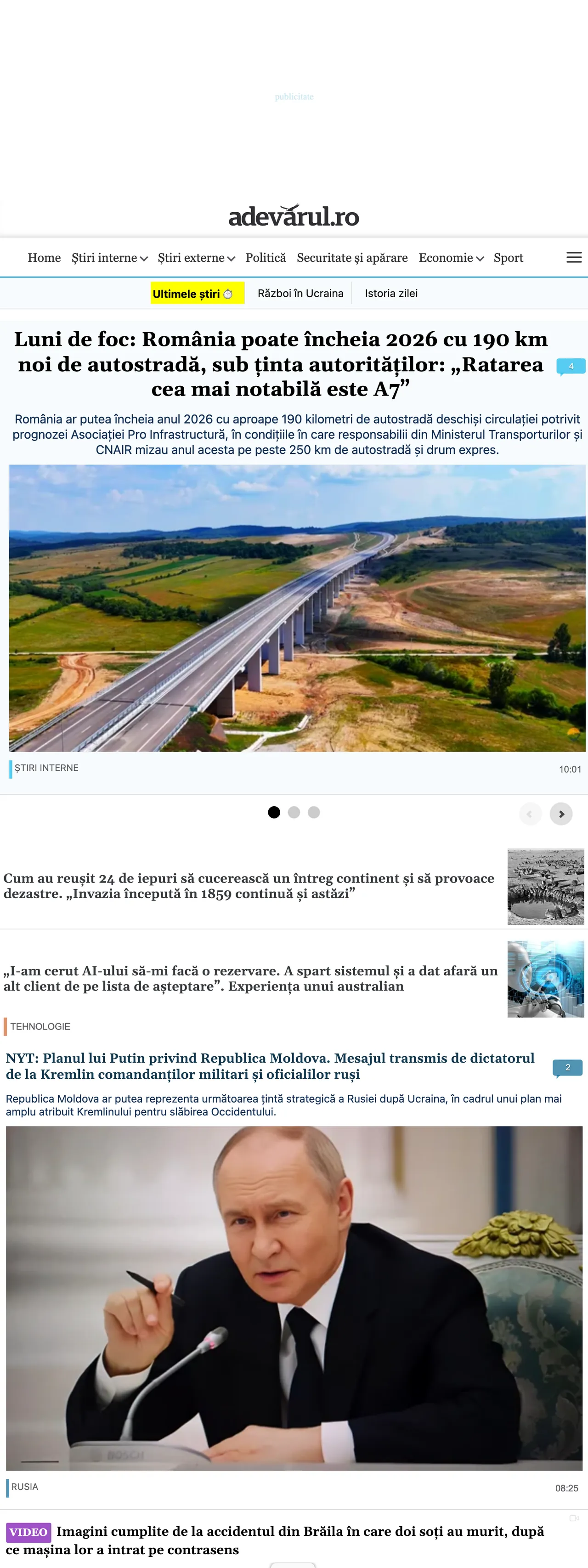 Screenshot of the Adevărul front page