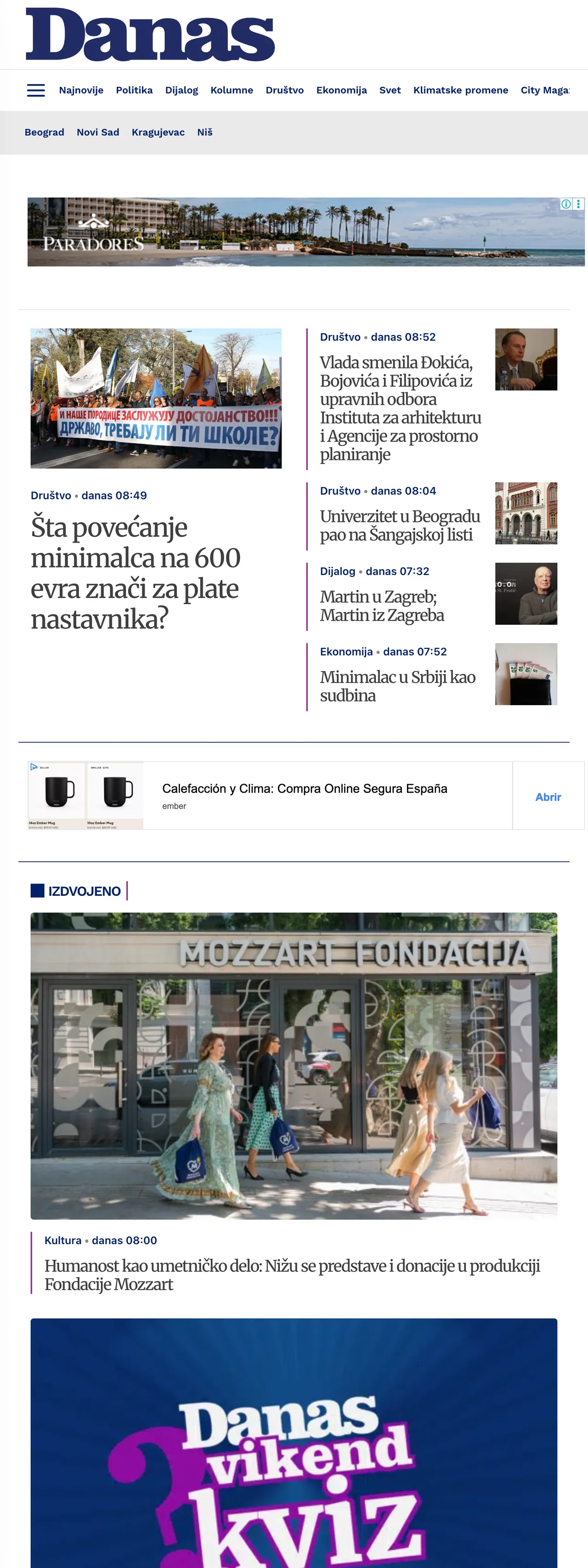 Screenshot of the Danas front page