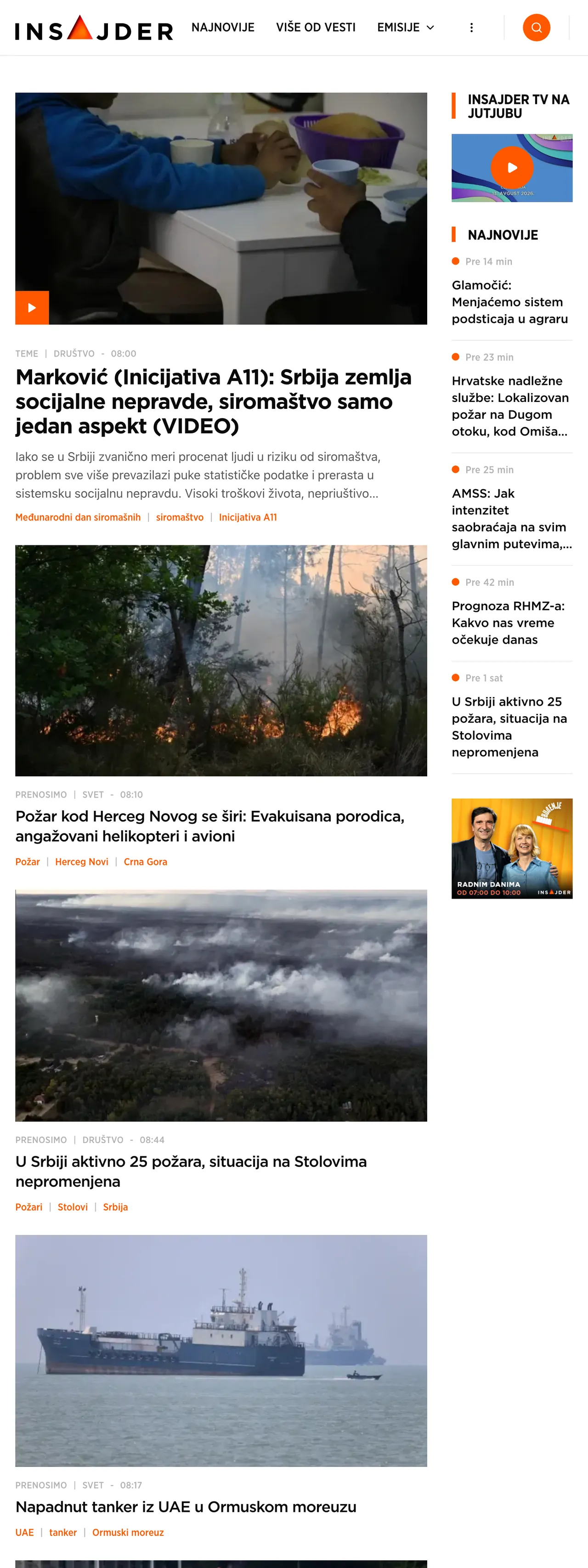 Screenshot of the Insajder front page
