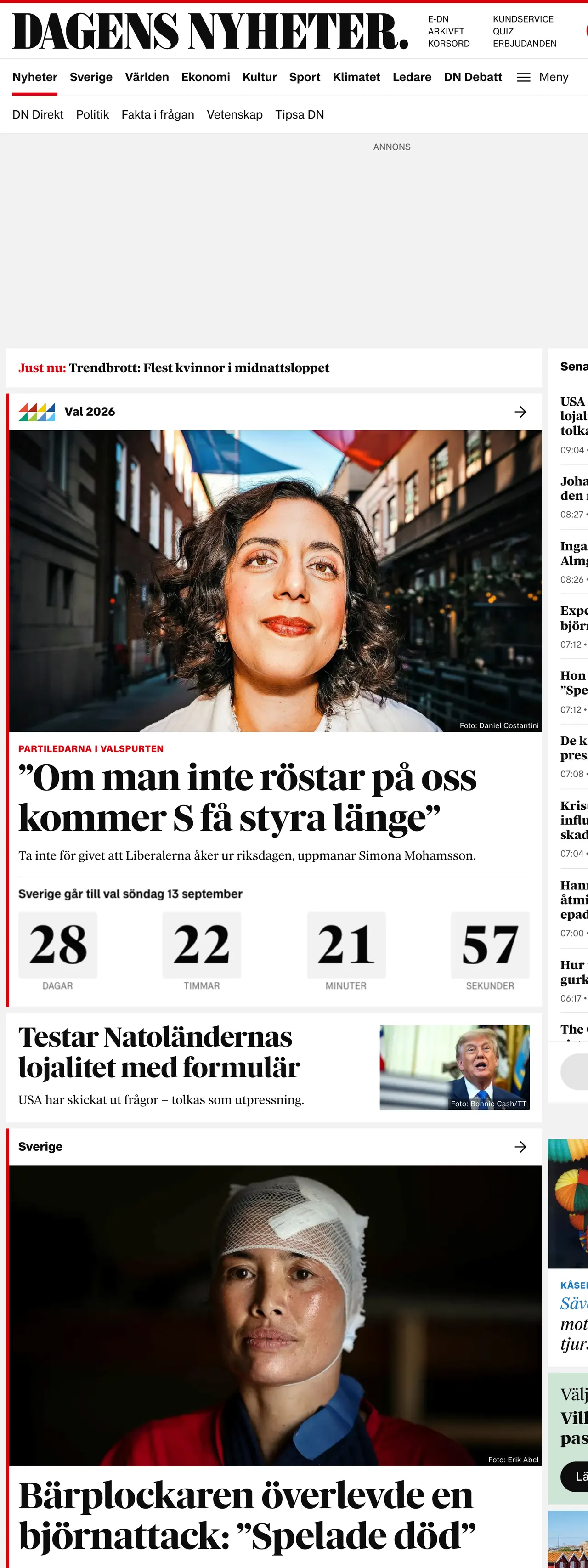 Screenshot of the Dagens Nyheter front page