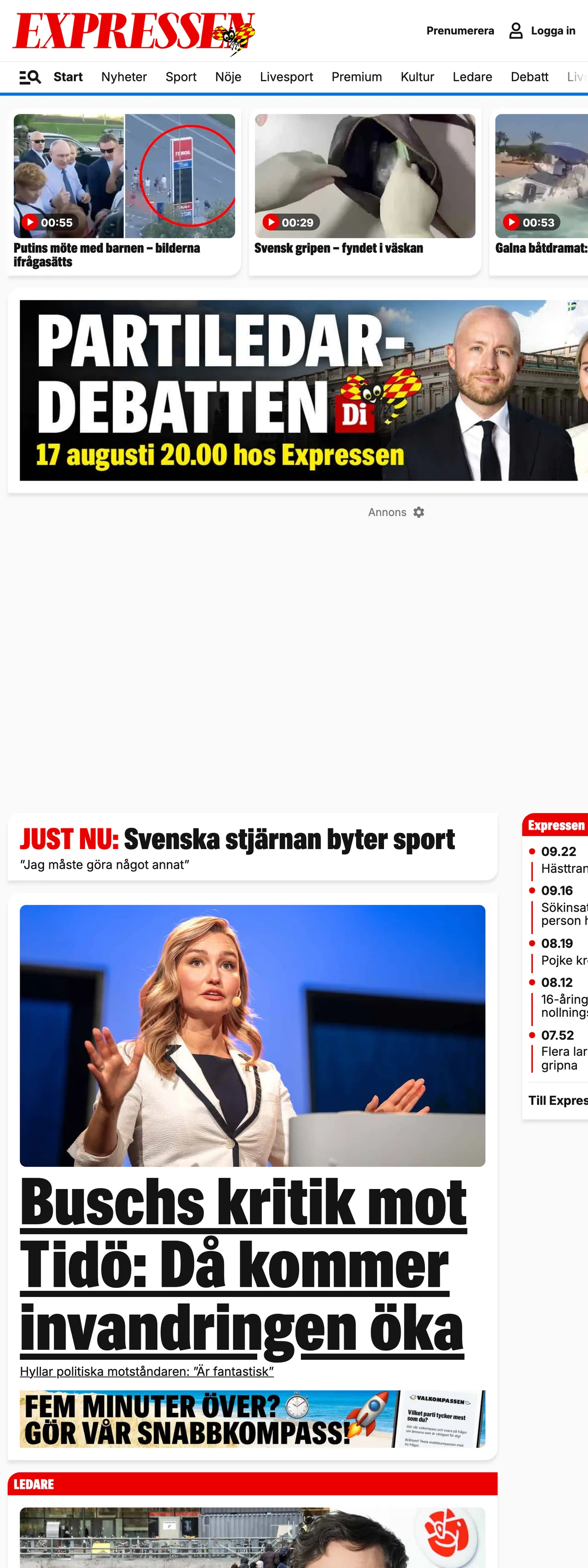 Screenshot of the Expressen front page