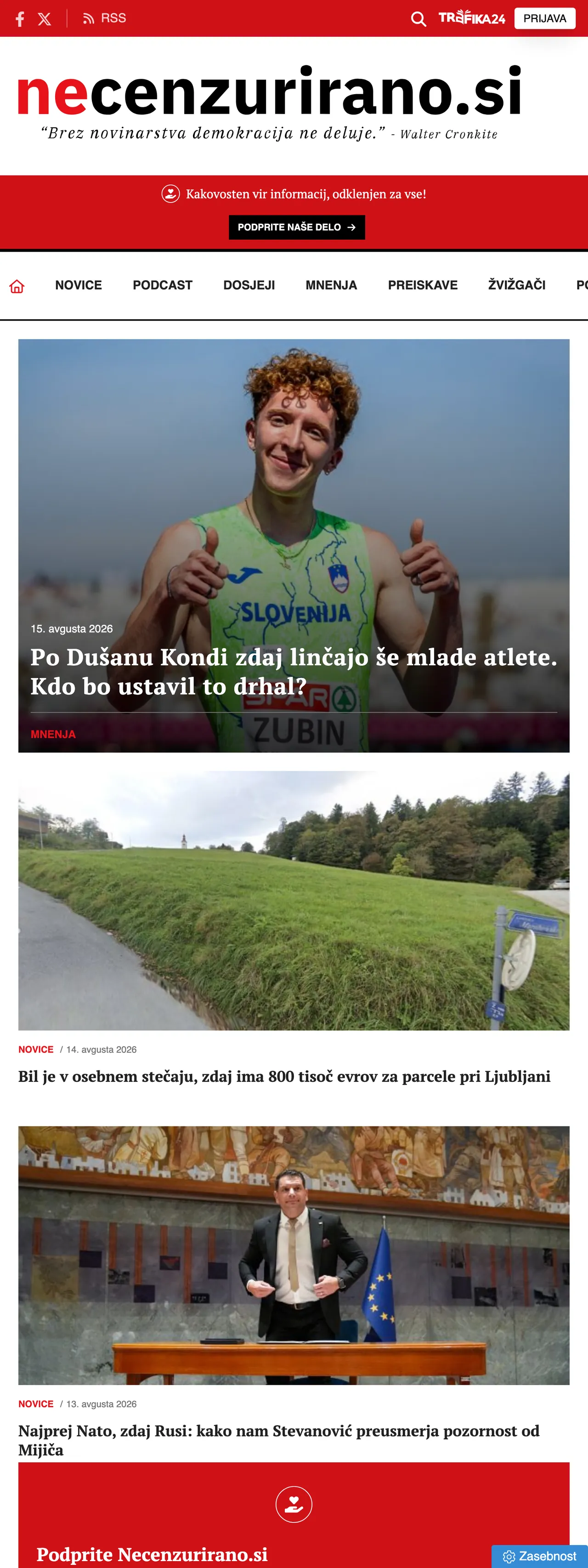 Screenshot of the Necenzurirano front page