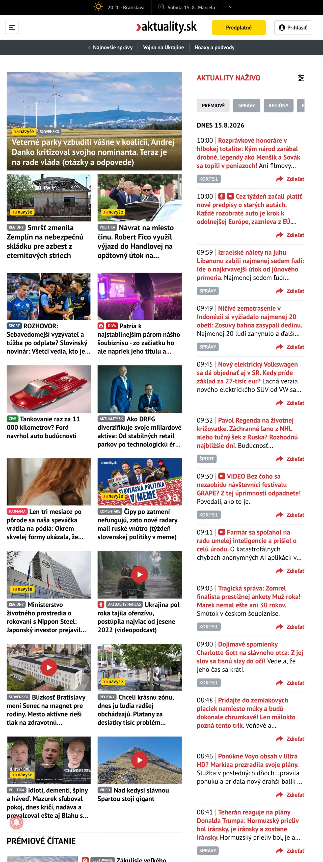 Screenshot of the Aktuality.sk front page