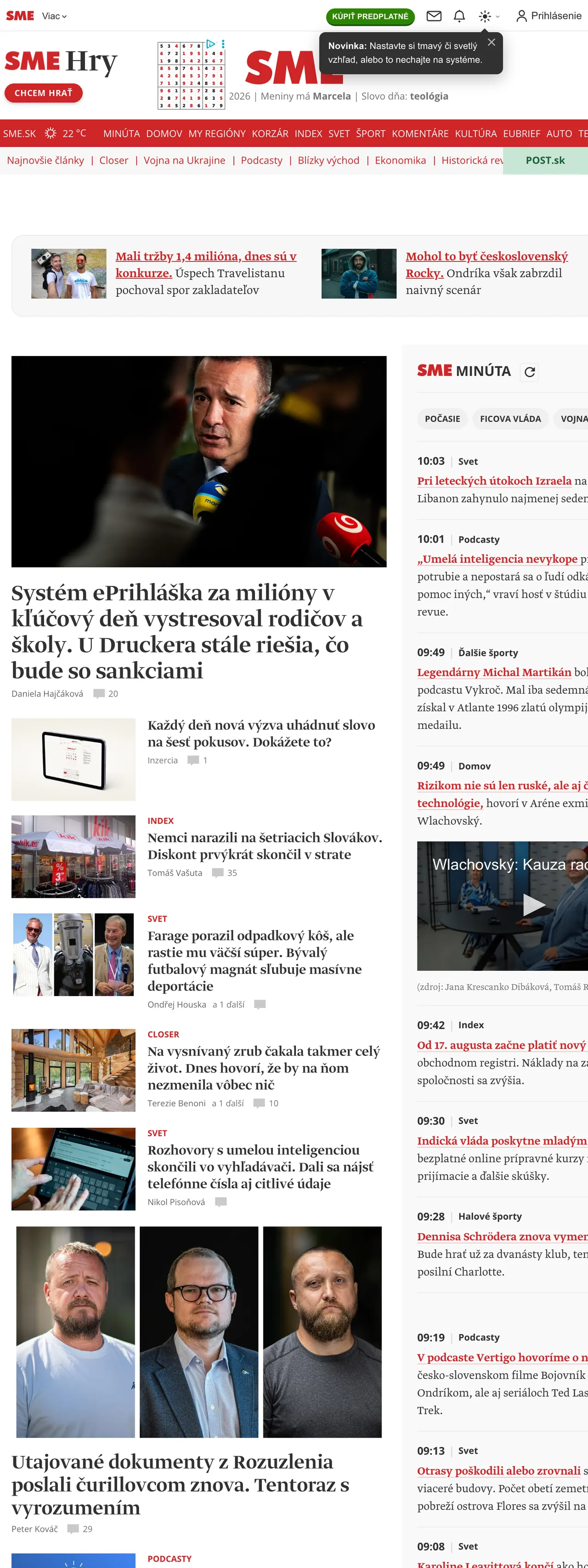 Screenshot of the SME front page
