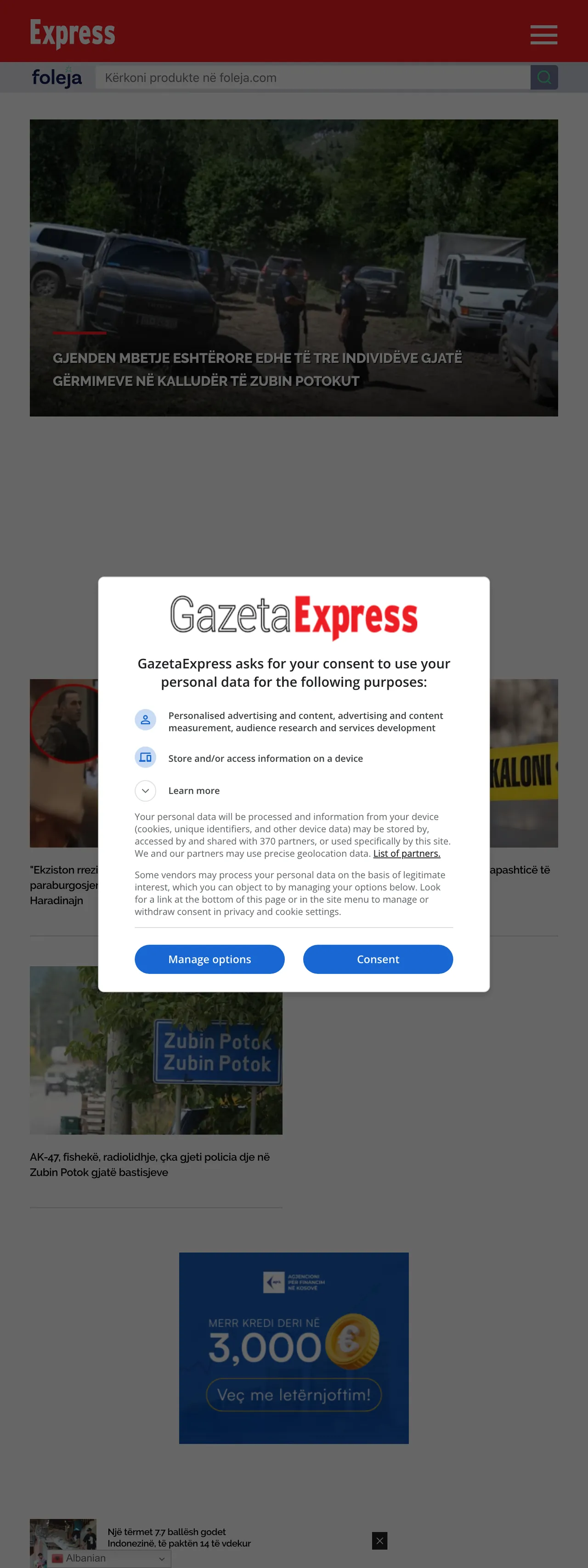 Screenshot of the Gazeta Express front page