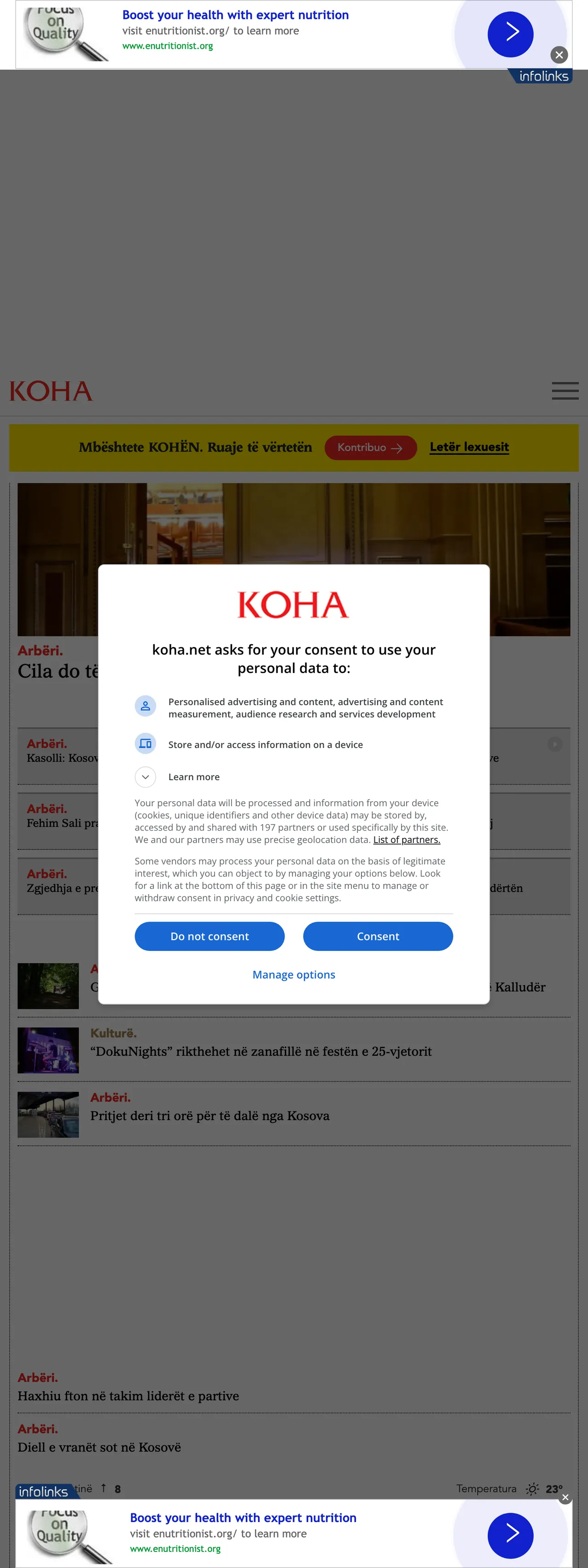 Screenshot of the Koha Ditore front page