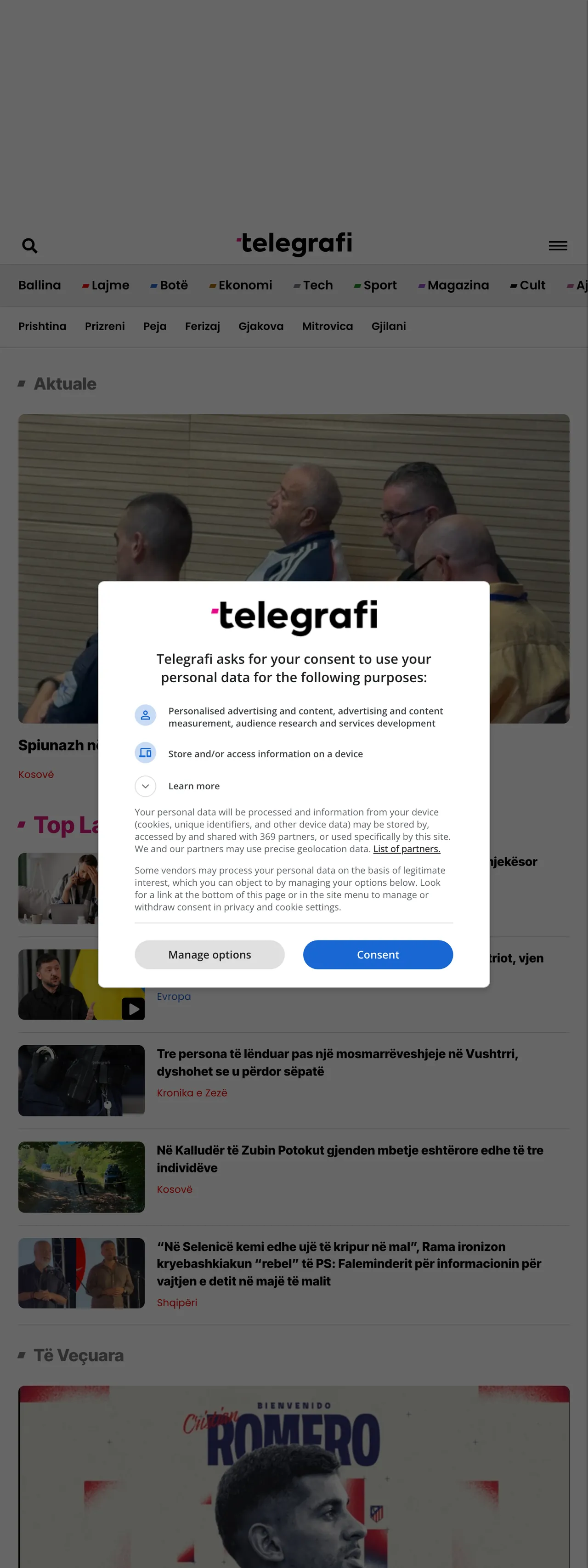 Screenshot of the Telegrafi front page