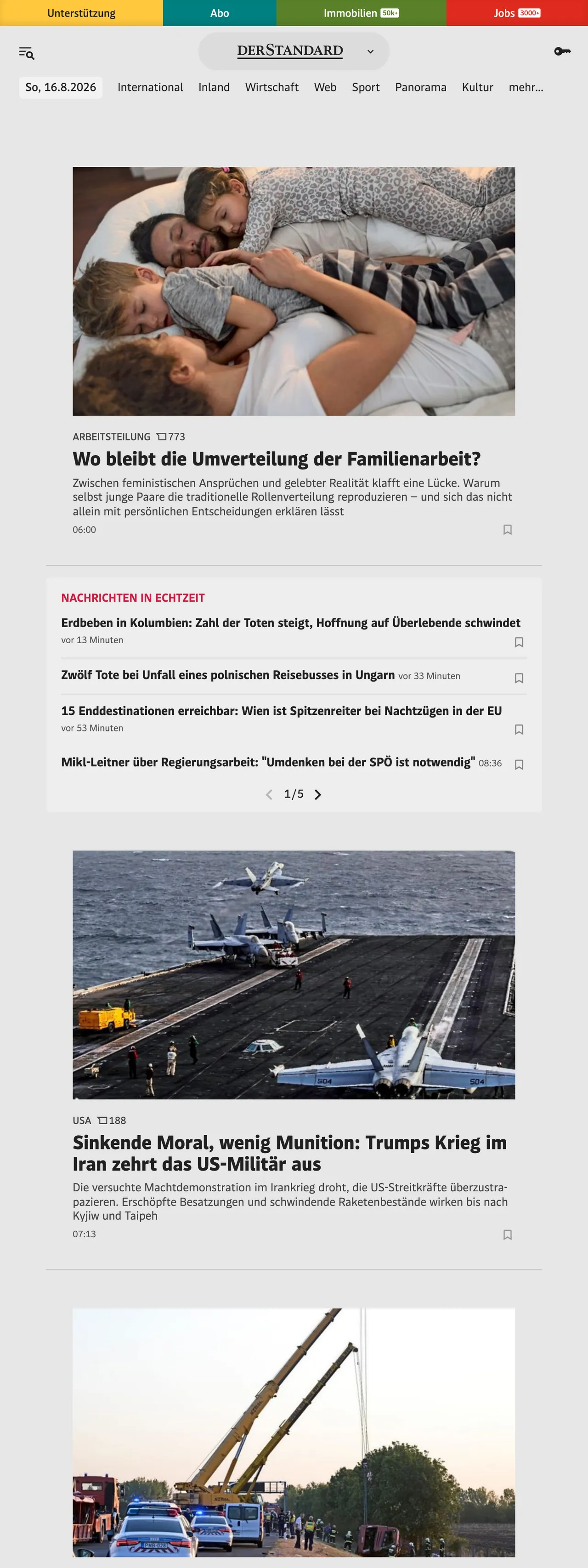 Screenshot of the DER STANDARD front page