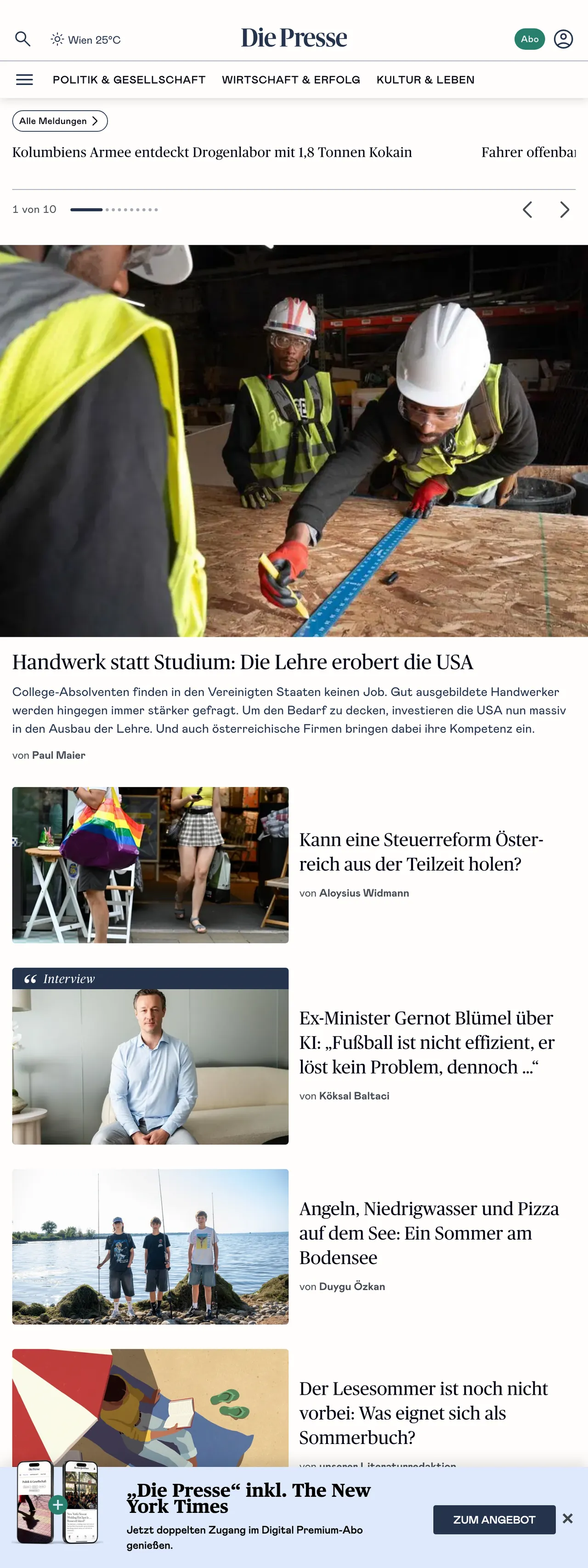 Screenshot of the Die Presse front page