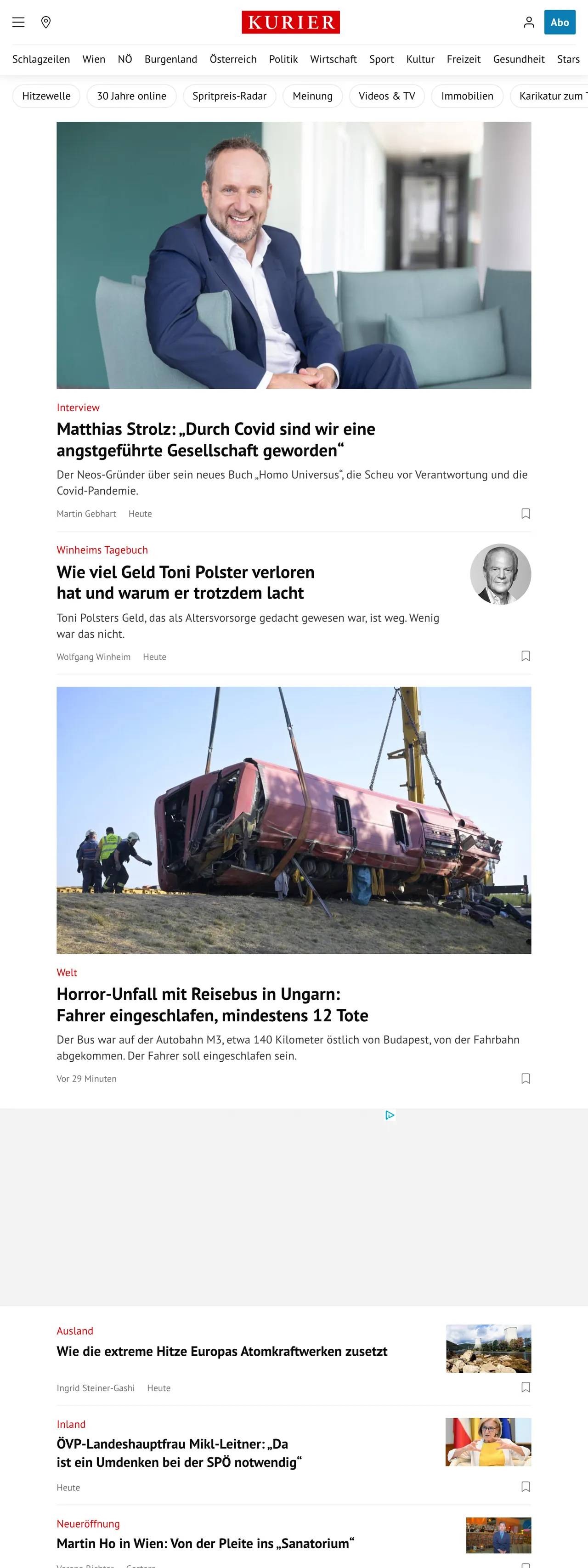 Screenshot of the Kurier front page