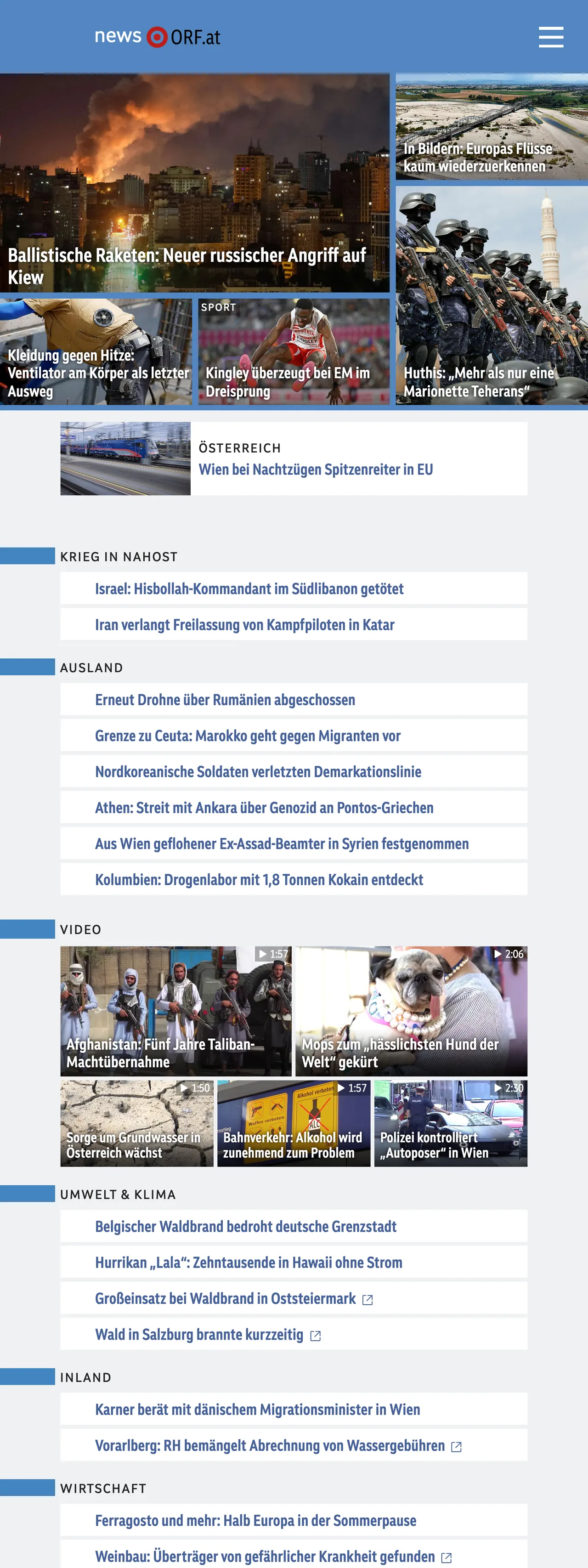 Screenshot of the ORF front page