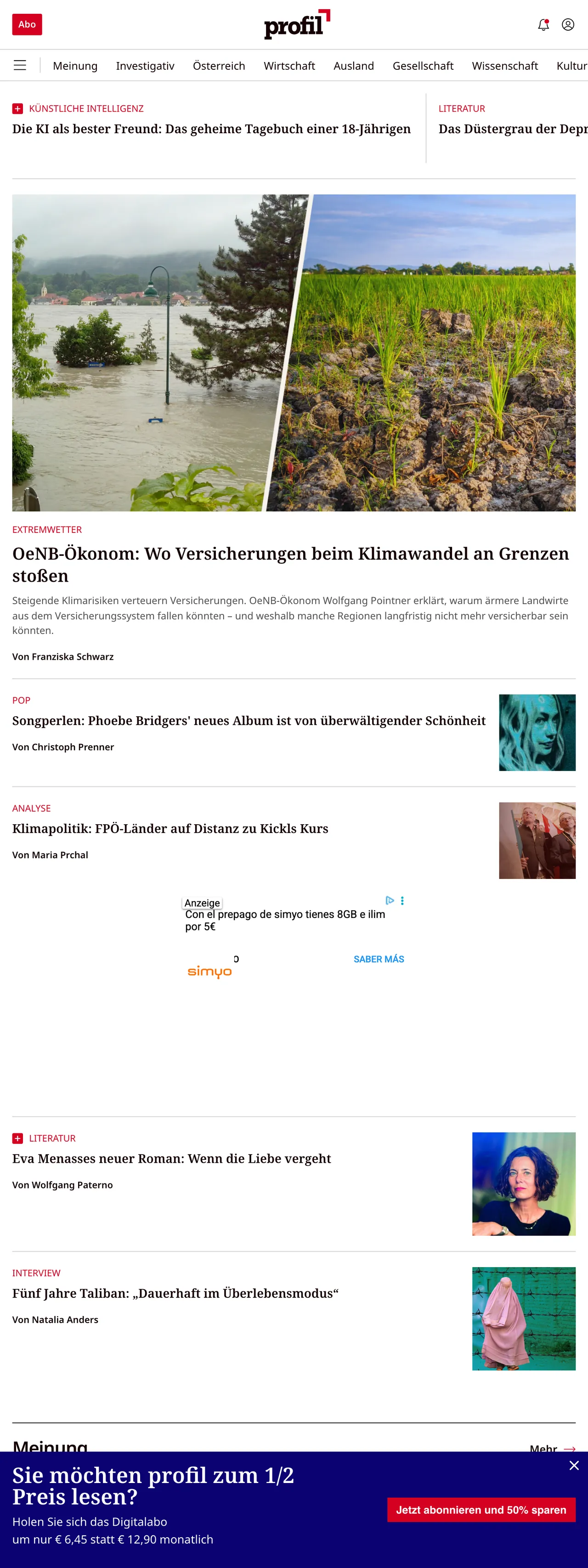 Screenshot of the profil front page