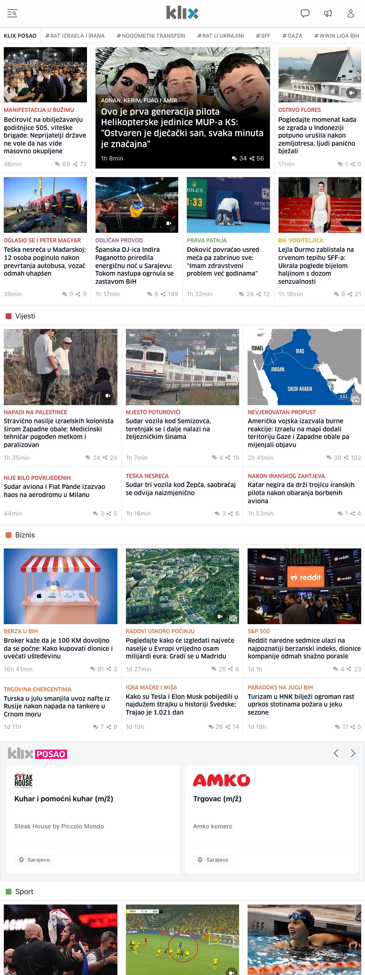 Screenshot of the Klix.ba front page