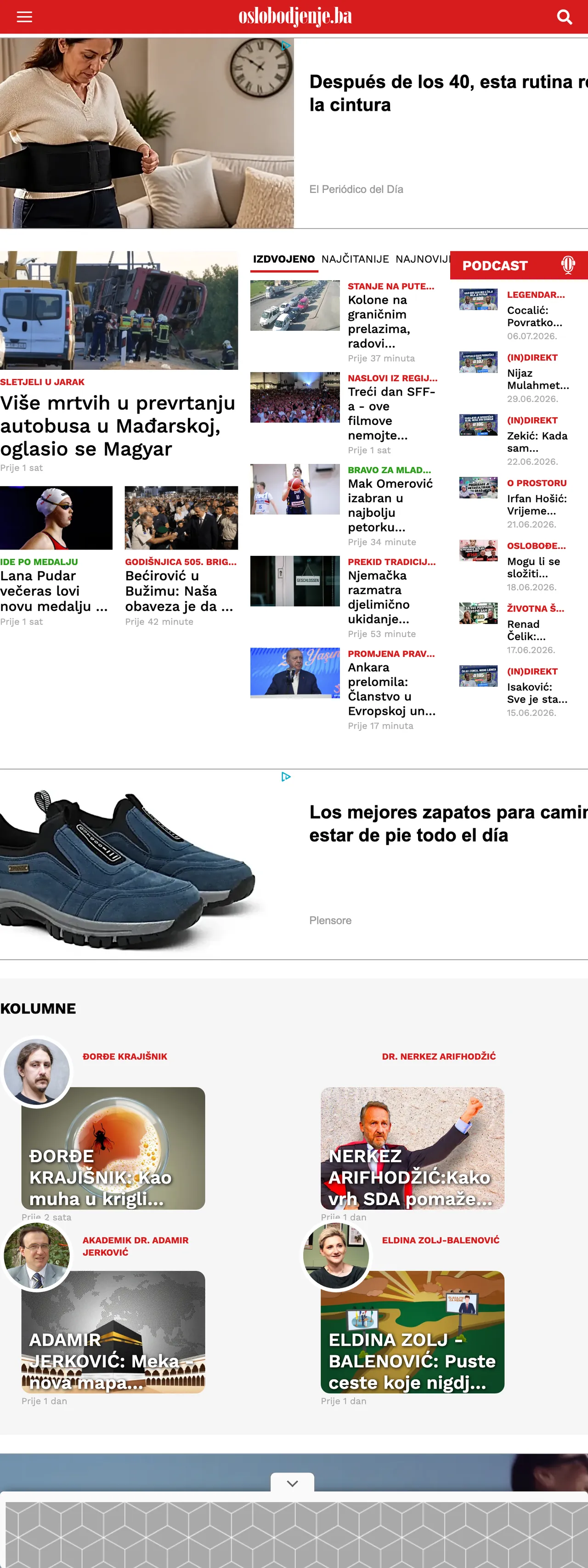 Screenshot of the Oslobođenje front page