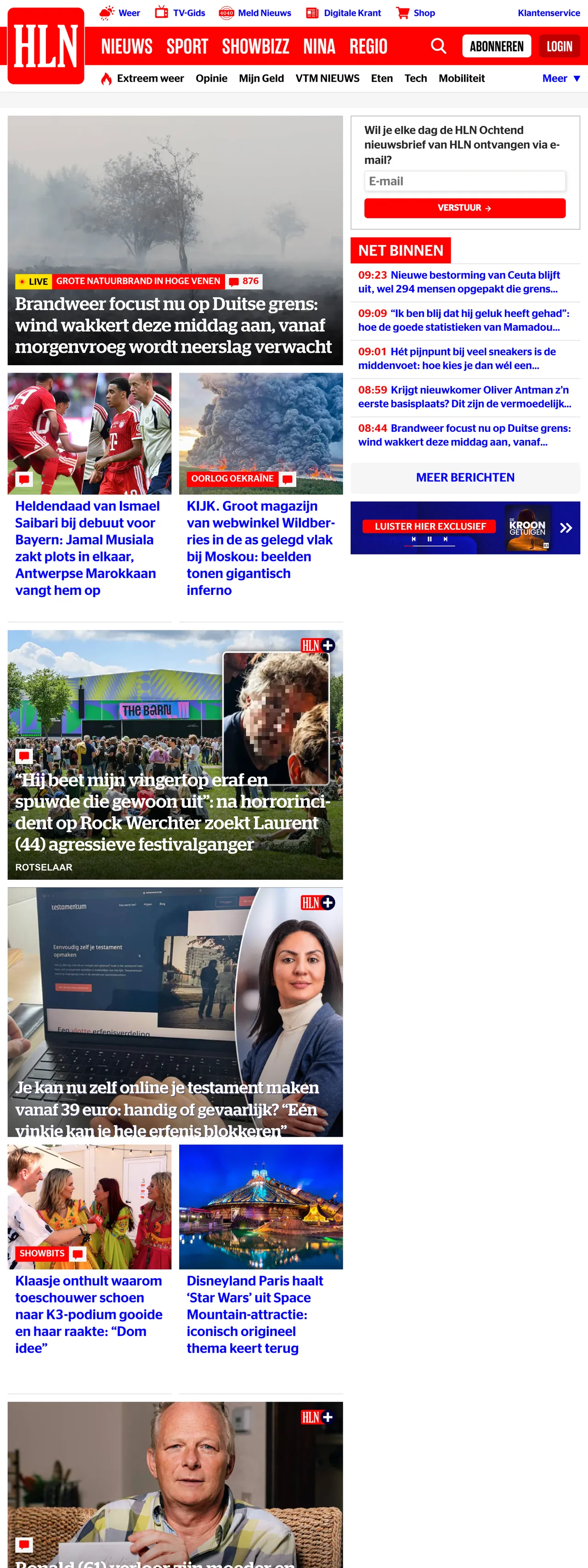 Screenshot of the HLN front page