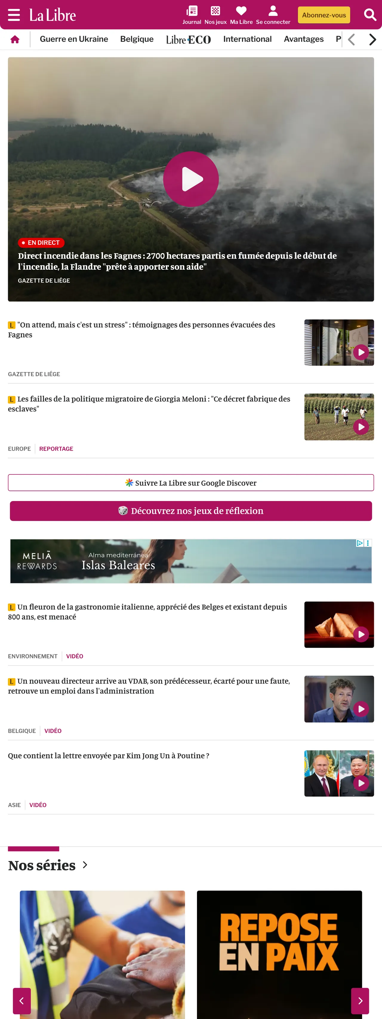 Screenshot of the La Libre front page