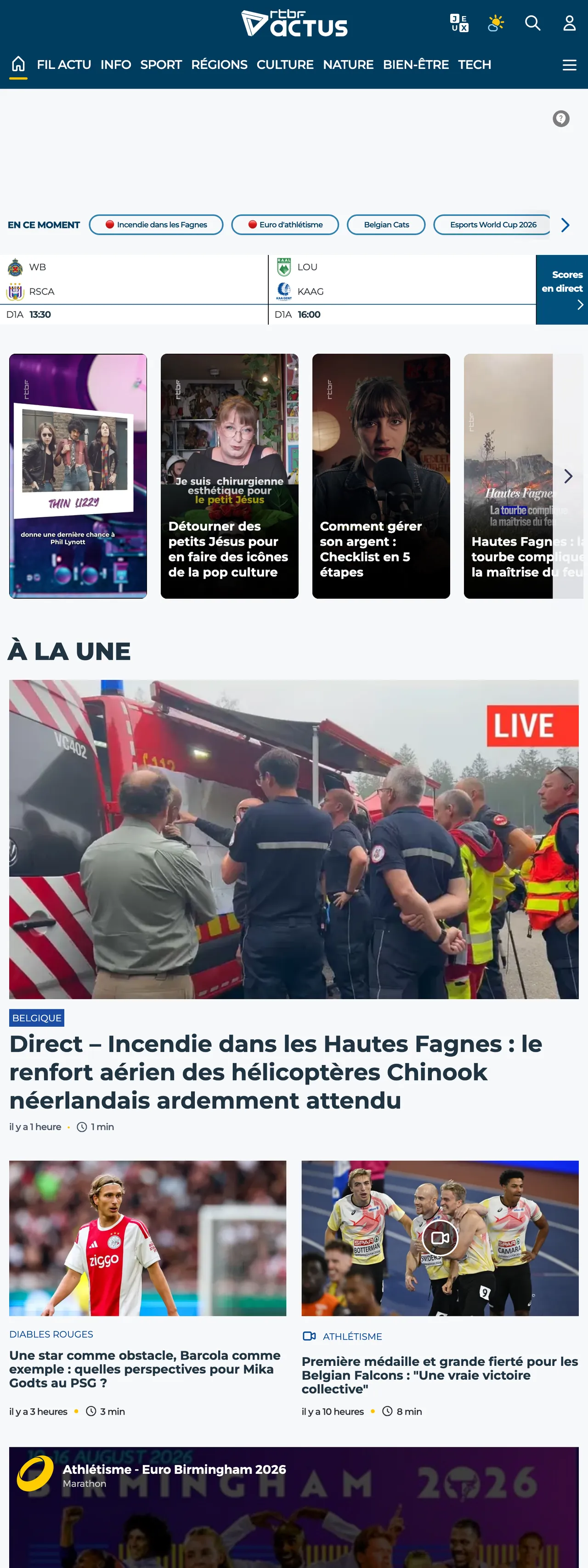 Screenshot of the RTBF front page