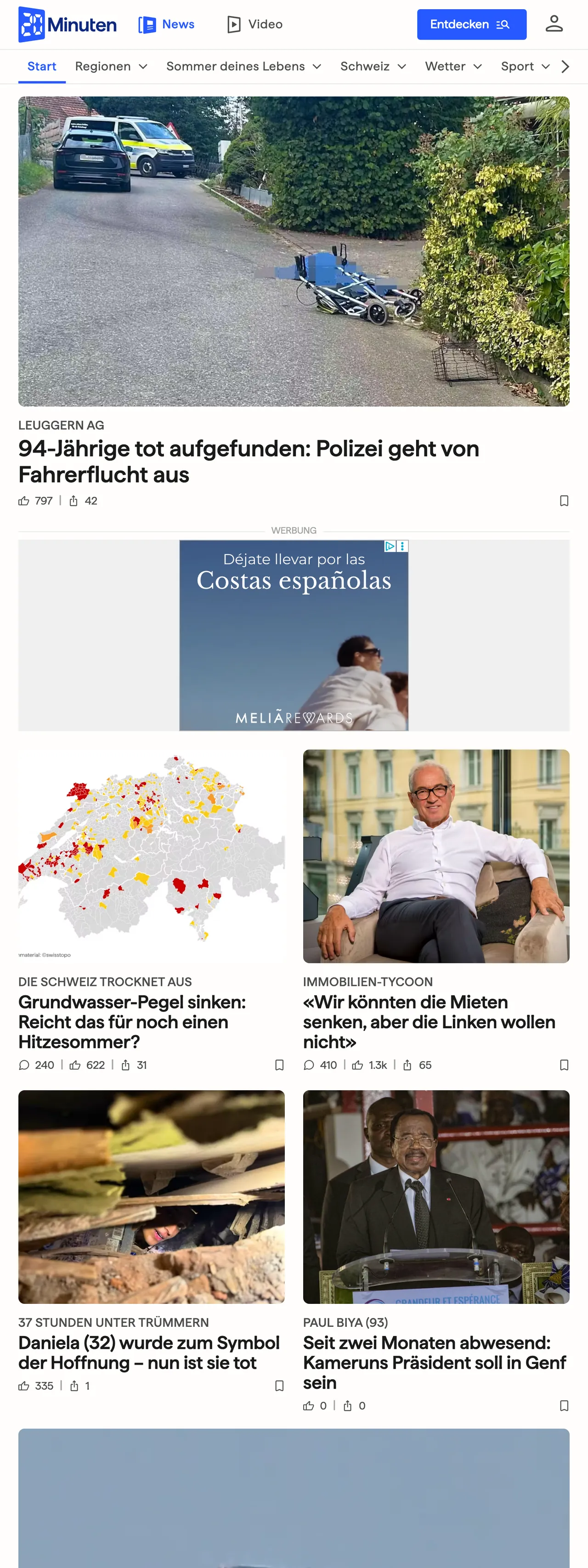 Screenshot of the 20 Minuten front page