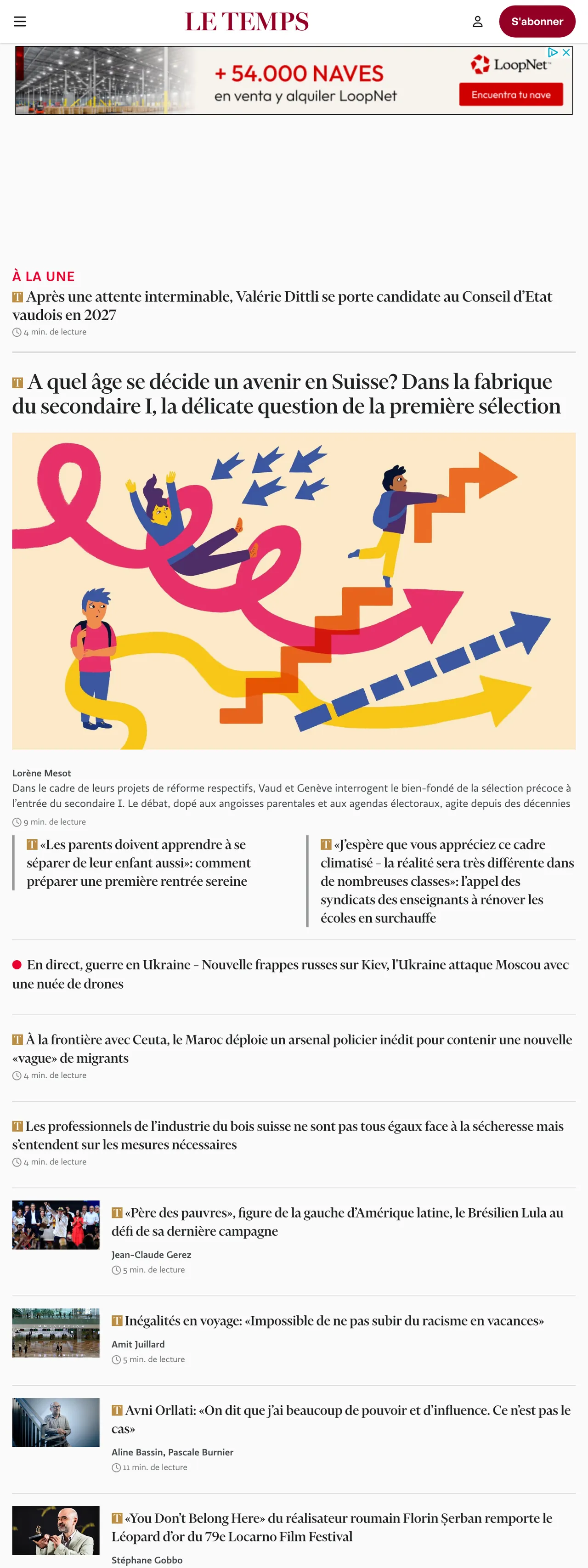 Screenshot of the Le Temps front page